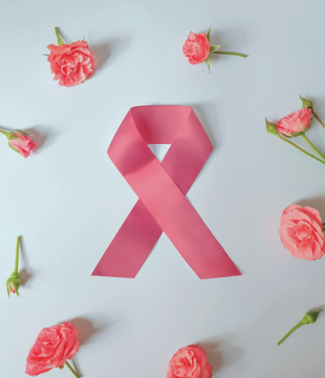 a cancer ribbon surrounded by flowers for world cancer day