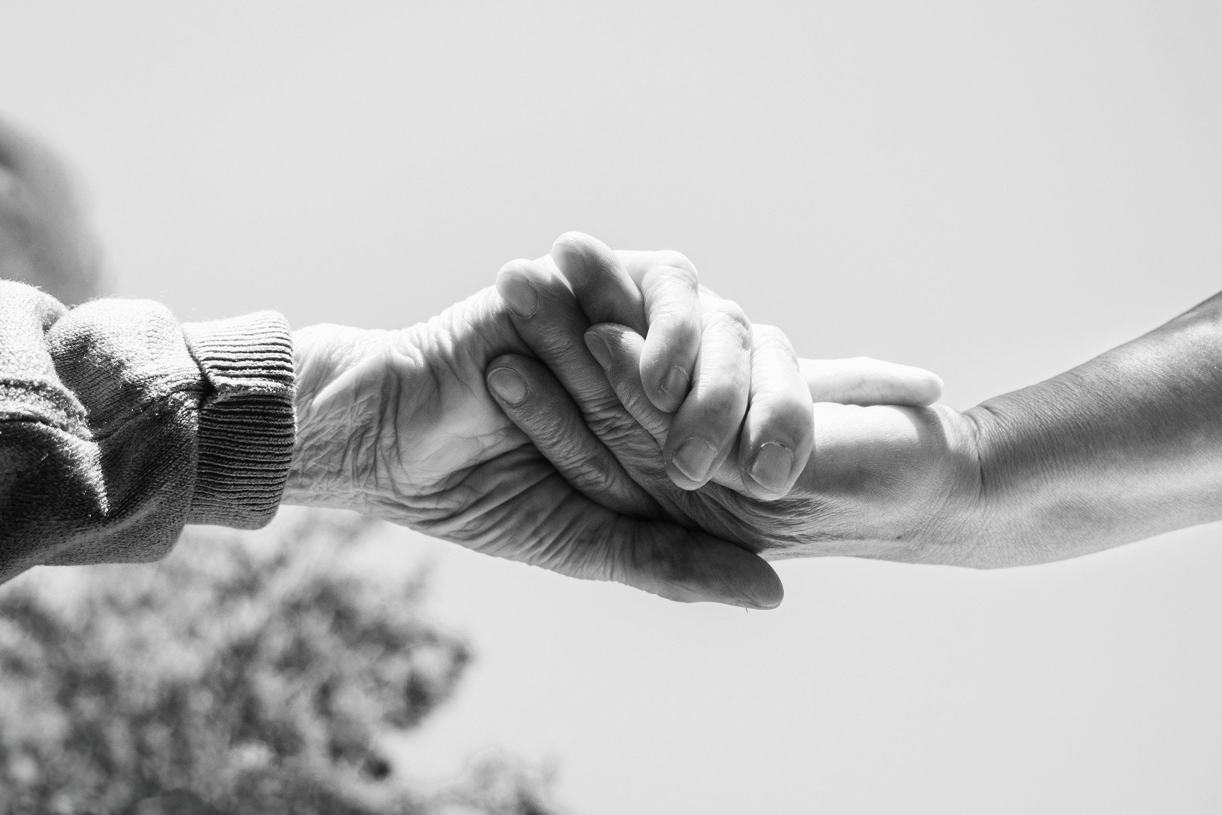 a black and white picture of an elderly couple holding hands