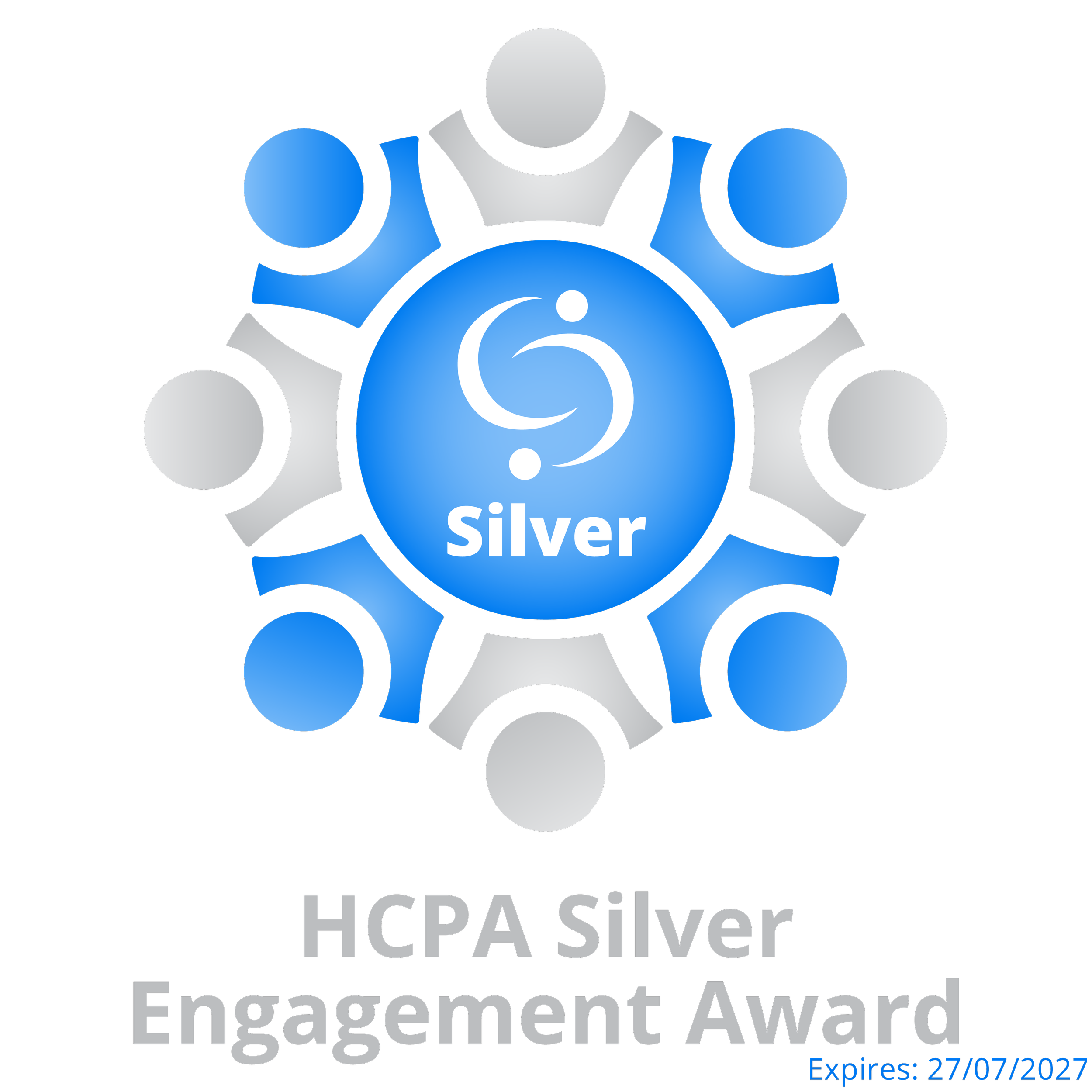 A logo with interconnected circles in shades of blue and gray, featuring a yin-yang symbol at the center with the words 'Silver' and 'HCPA Silver' and a date 'Expires 27/07/2021' at the bottom.