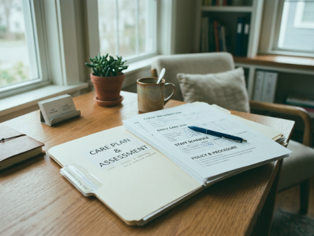 Desk with care plan assessment documents, a pen, a mug, a potted plant, and a small electronic device in a well-lit room.