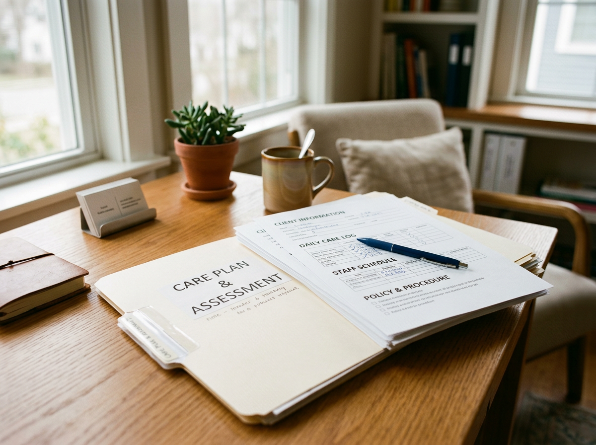 a care plan and risk assessment document on a table with a pen on top
