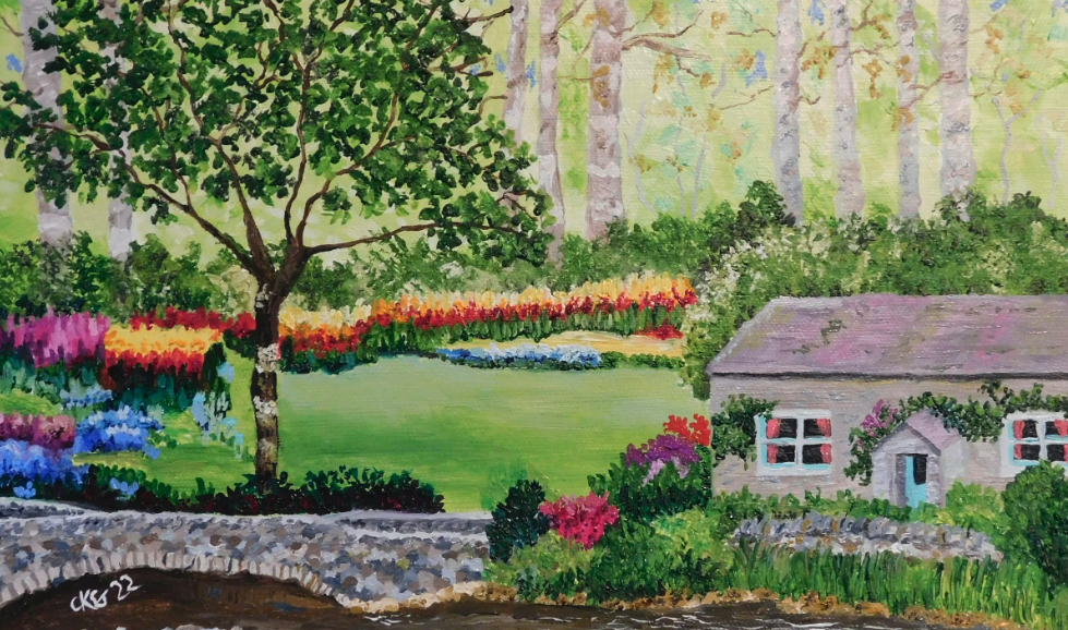 A painting of a quaint cottage next to a stream