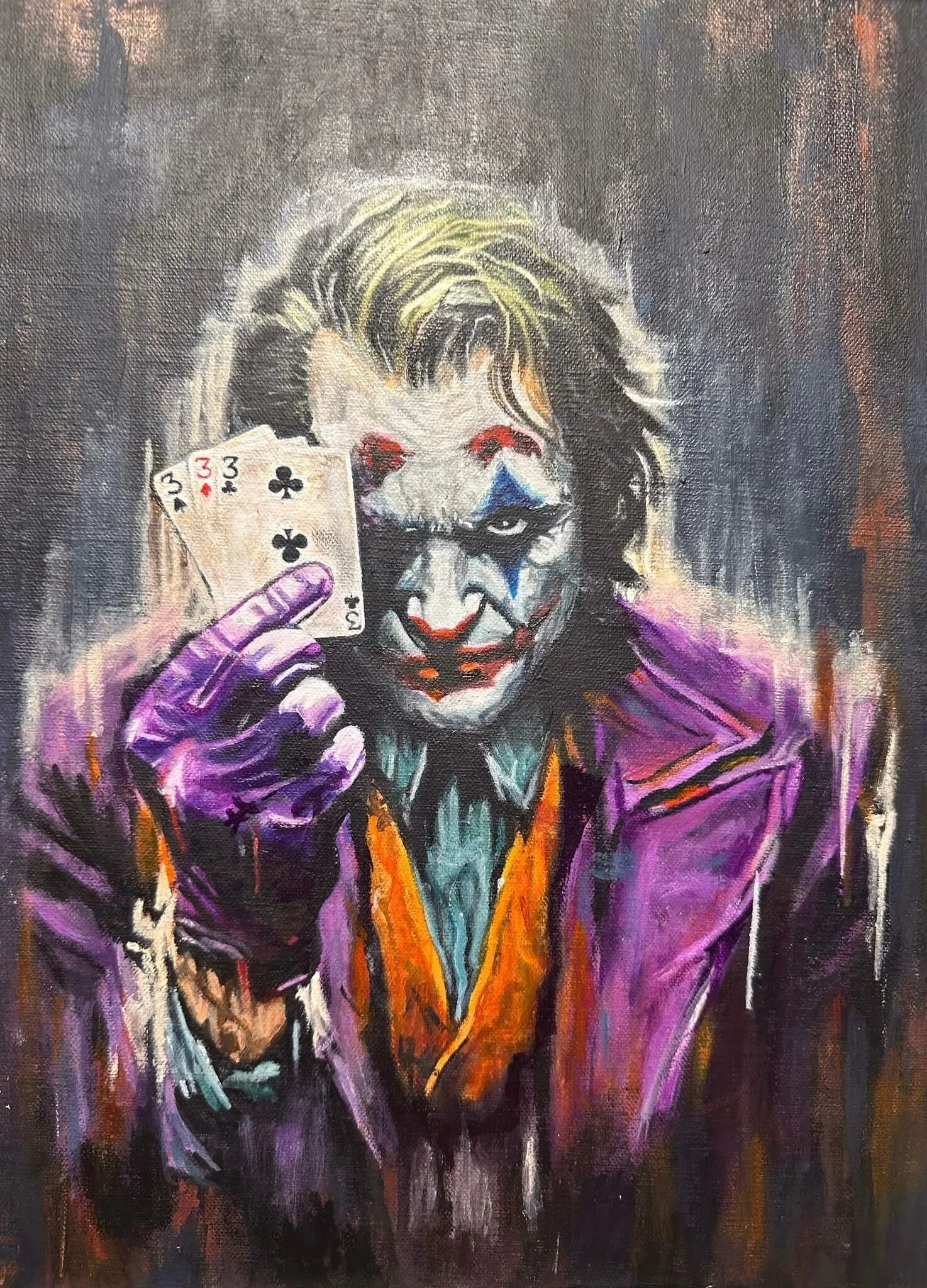 A darker, moody take on the Joker, painted in acrylics with dramatic shadows and texture.