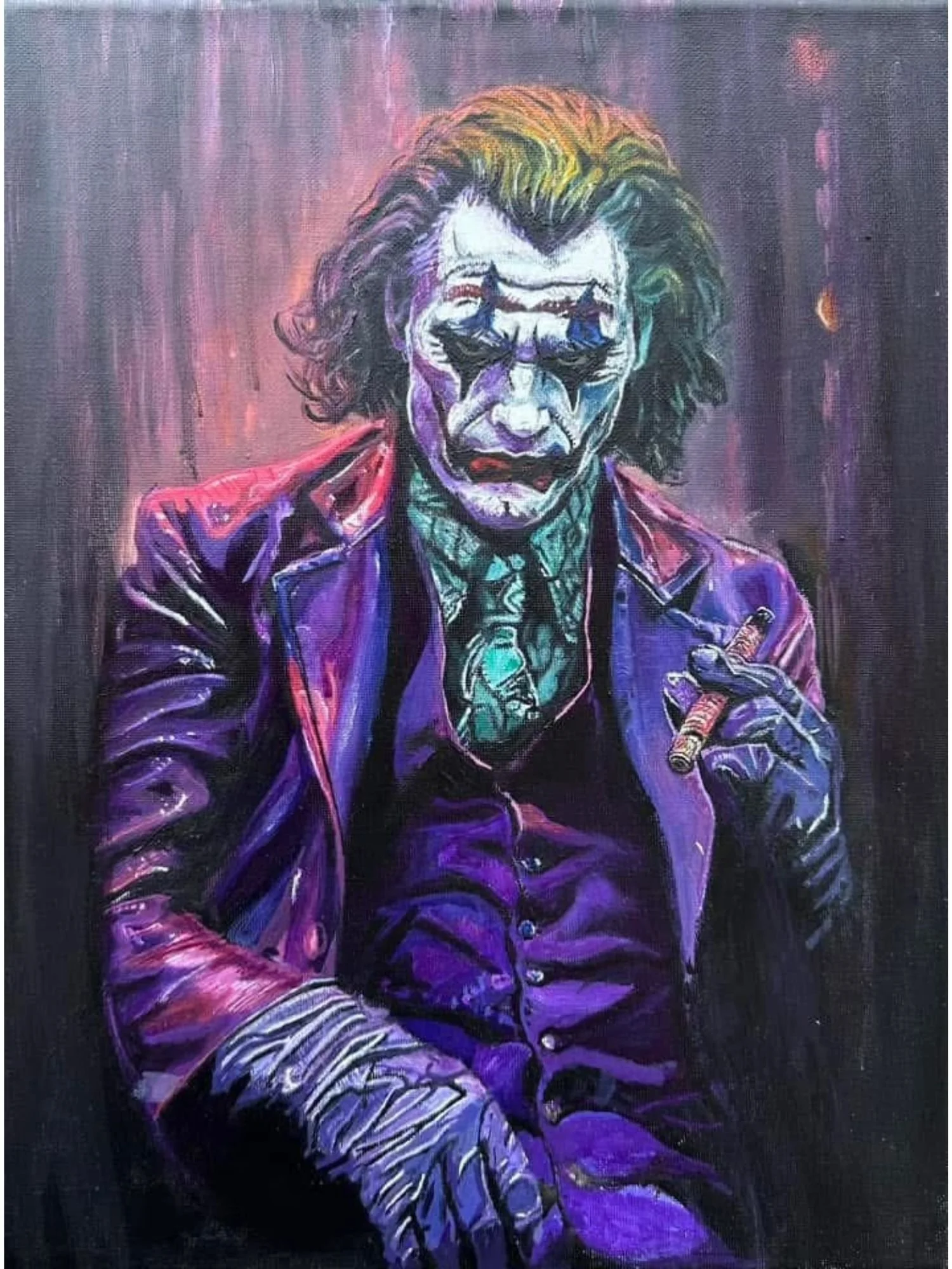 A striking acrylic painting of the Joker, capturing his chaotic energy with bold color contrasts and expressive detail.