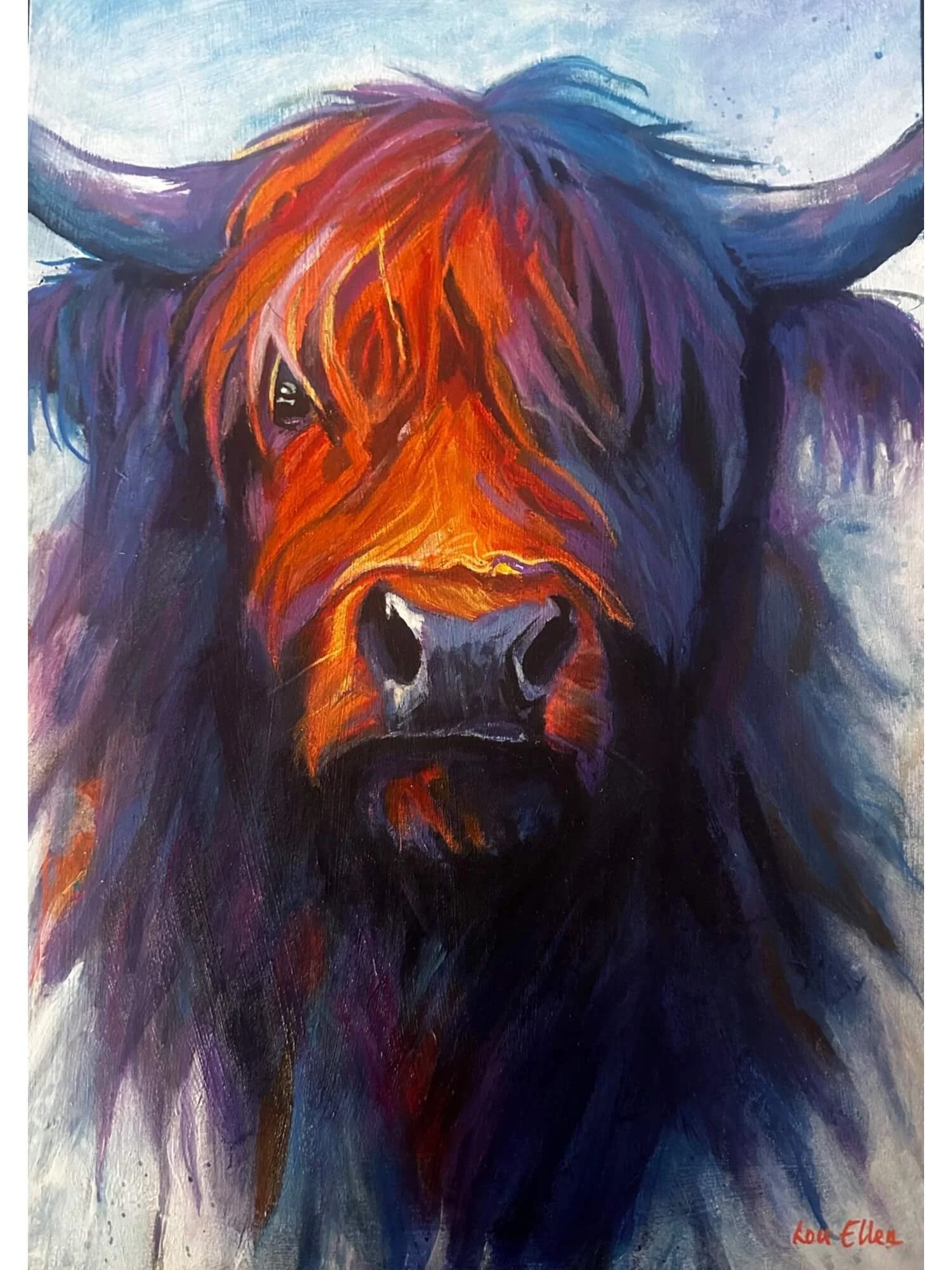 A colourful highland cow portrait full of character and texture. Inspired by Scotland’s iconic cattle, this piece brings rustic charm and bold personality.