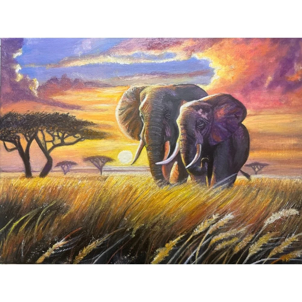 Two elephants walking through golden savannah grass under a glowing African sunset. A vibrant celebration of family, connection, and the beauty of nature.