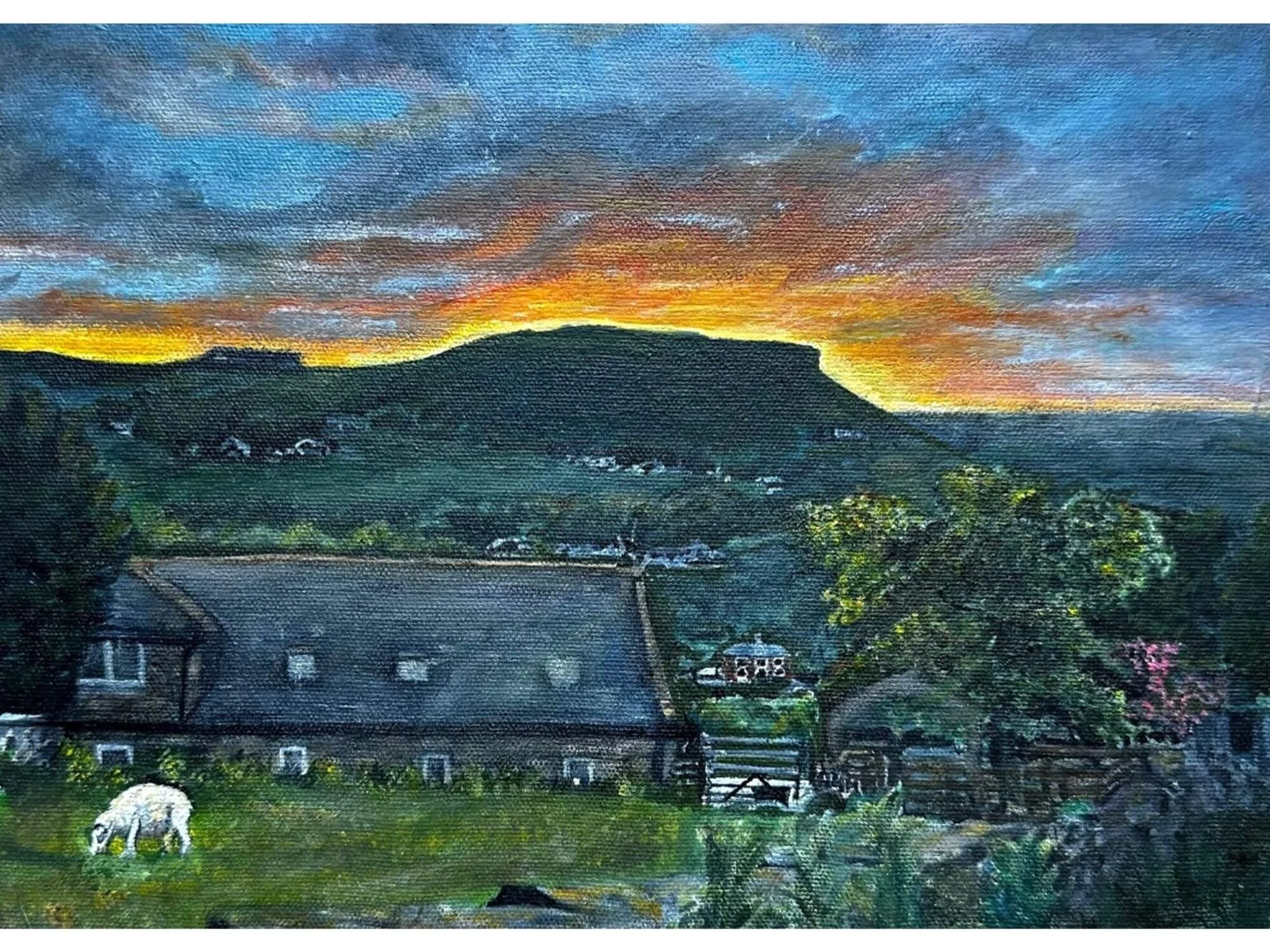 A tranquil countryside landscape capturing rolling hills and a dramatic sky at dusk. Painted with rich tones, this piece evokes calm and timeless natural beauty.