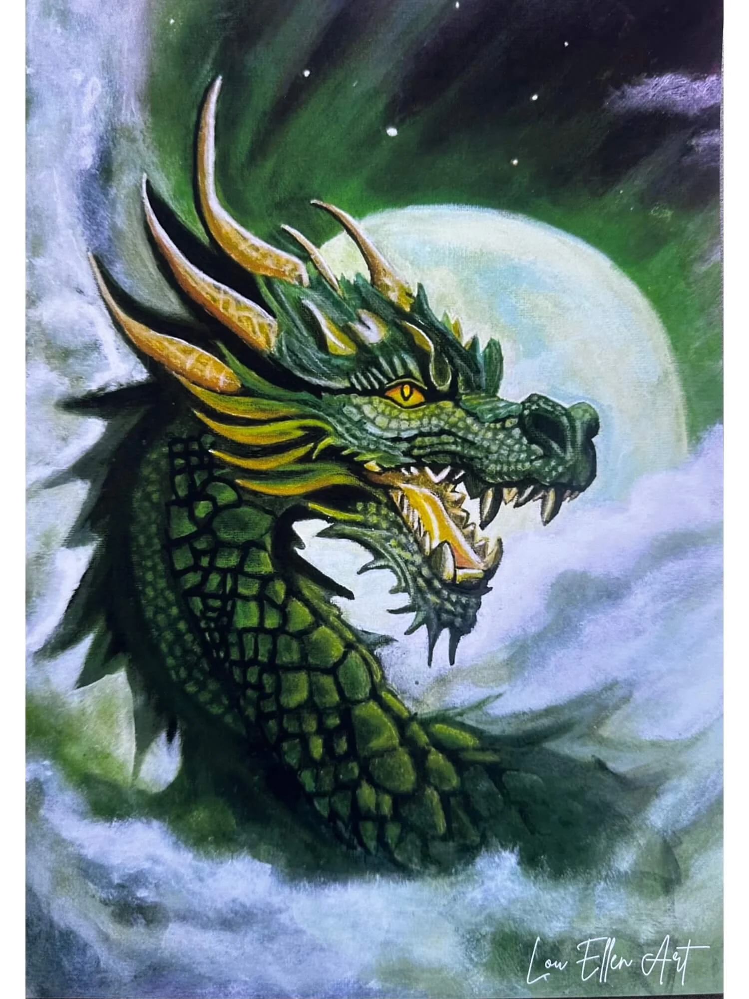 A fantasy-inspired acrylic painting of a green dragon, with intricate scale details and a fierce expression against a smoky backdrop.