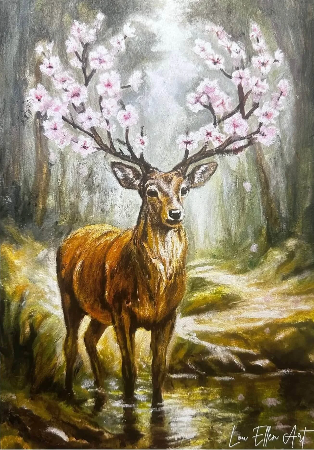 A serene woodland scene featuring a majestic deer with blossoming antlers. This symbolic piece blends wildlife and fantasy, celebrating strength, renewal, and nature’s beauty.