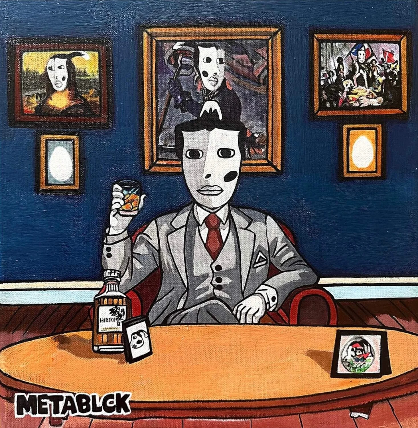 A surreal acrylic painting of a masked figure in a suit, surrounded by reimagined classic artworks, blending pop culture with fine art.