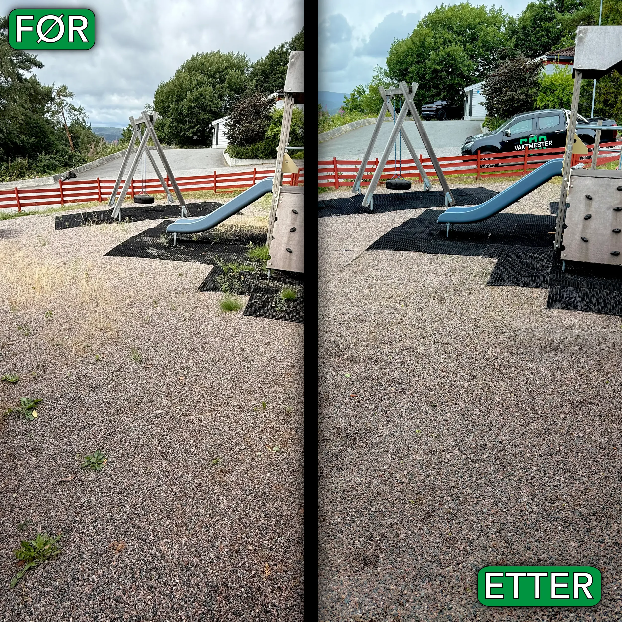 Før og etter bilder av et barneområde med huske og sklie. Det første bildet viser et område med vegetasjon og ujevn perlegrus. Det andre bildet viser det samme området etter at vegetasjonen er fjernet og overflaten er jevnet ut, med større renhet og færre planter.