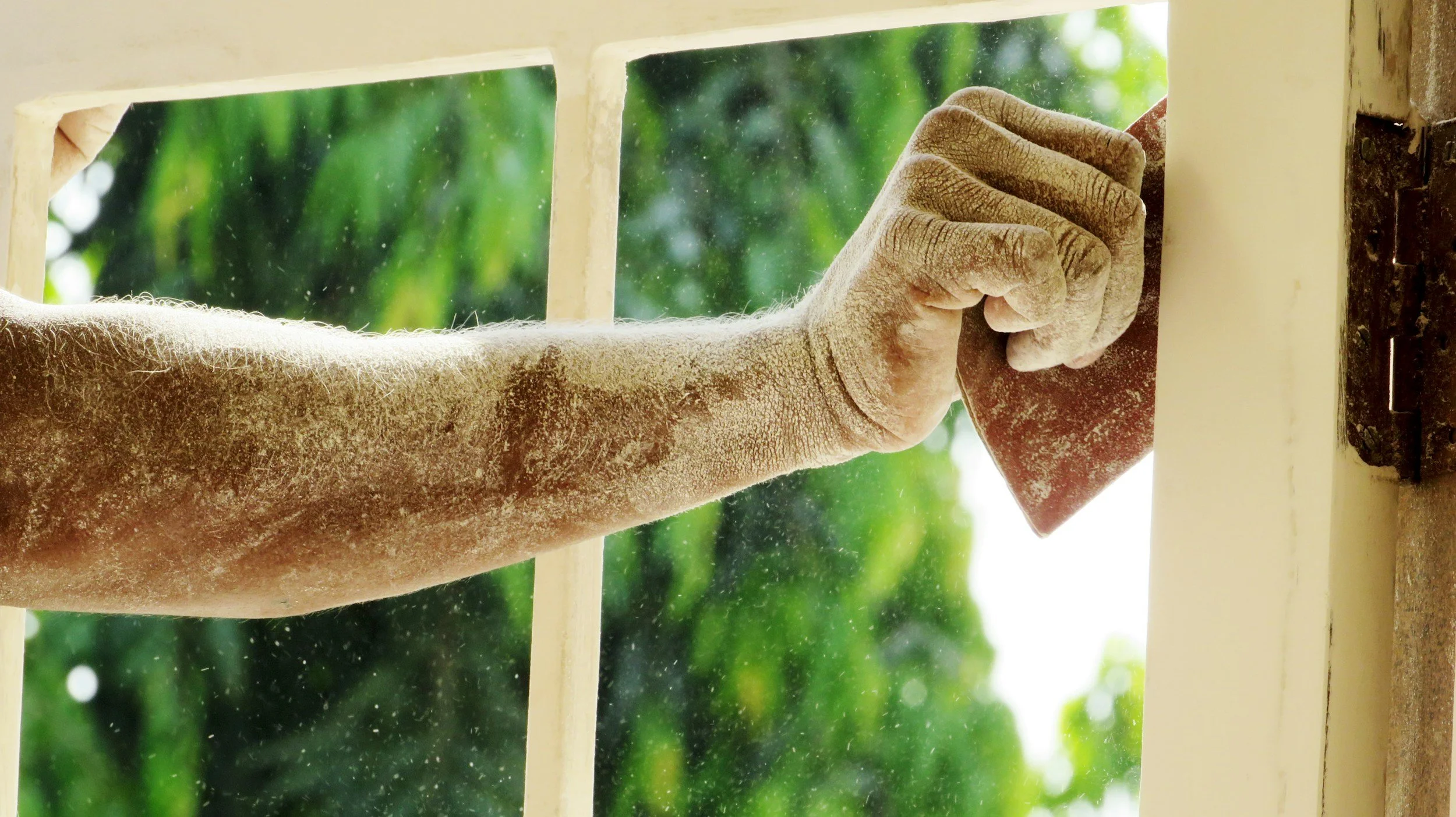 En hånd som pusser en glassrute med en svamp, beskåret av en vindusramme, bakgrunn av grønt blader og lys.