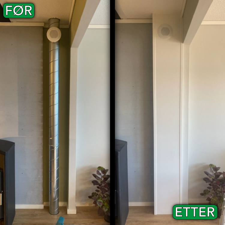 Før og etter bilder av en vegg med en ventilasjonsrør, der veggen er blitt malt og oppdatert.
