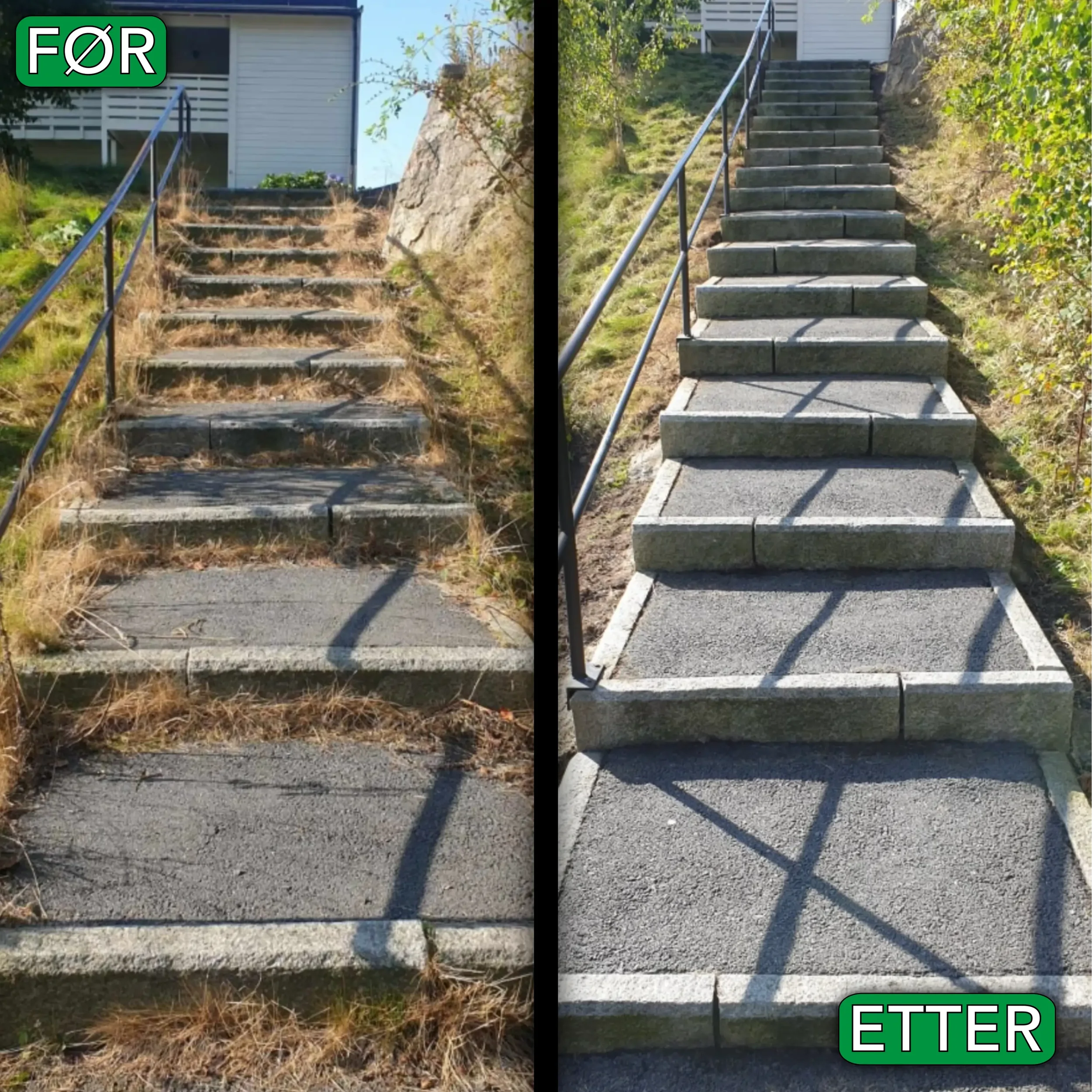 Før og etter bilder av en utendørs trapp. Før bildet viser en gammel, slitt trapp med overgrodd vegetasjon og manglende vedlikehold. Etter bildet viser en oppusset, ren og nyoppmalt trapp med godt vedlikeholdt omgivelse og solide rekkverk.