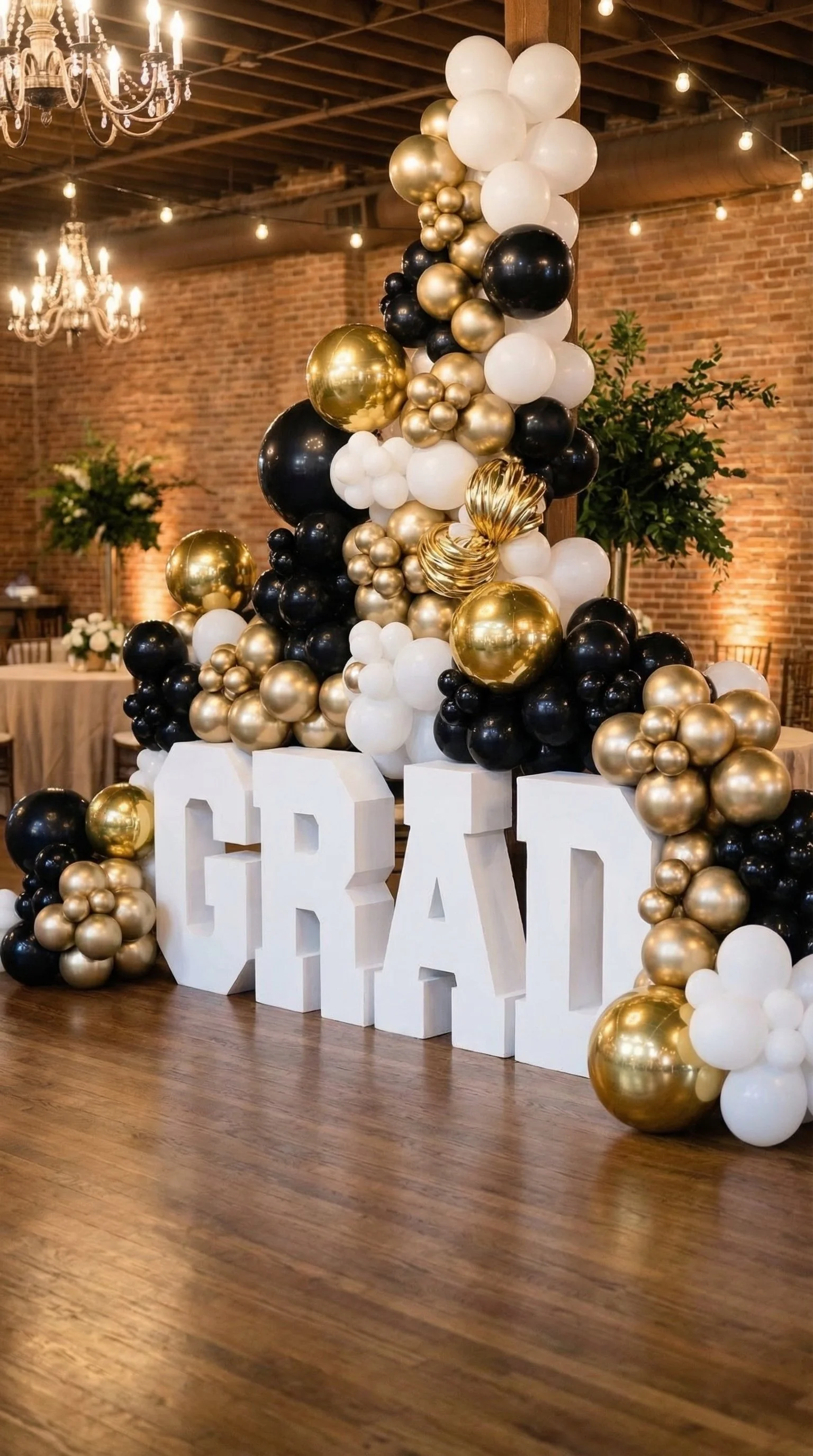Decorative balloon display with large white letters spelling "GRAD", graduation marquee letters Baltimore.