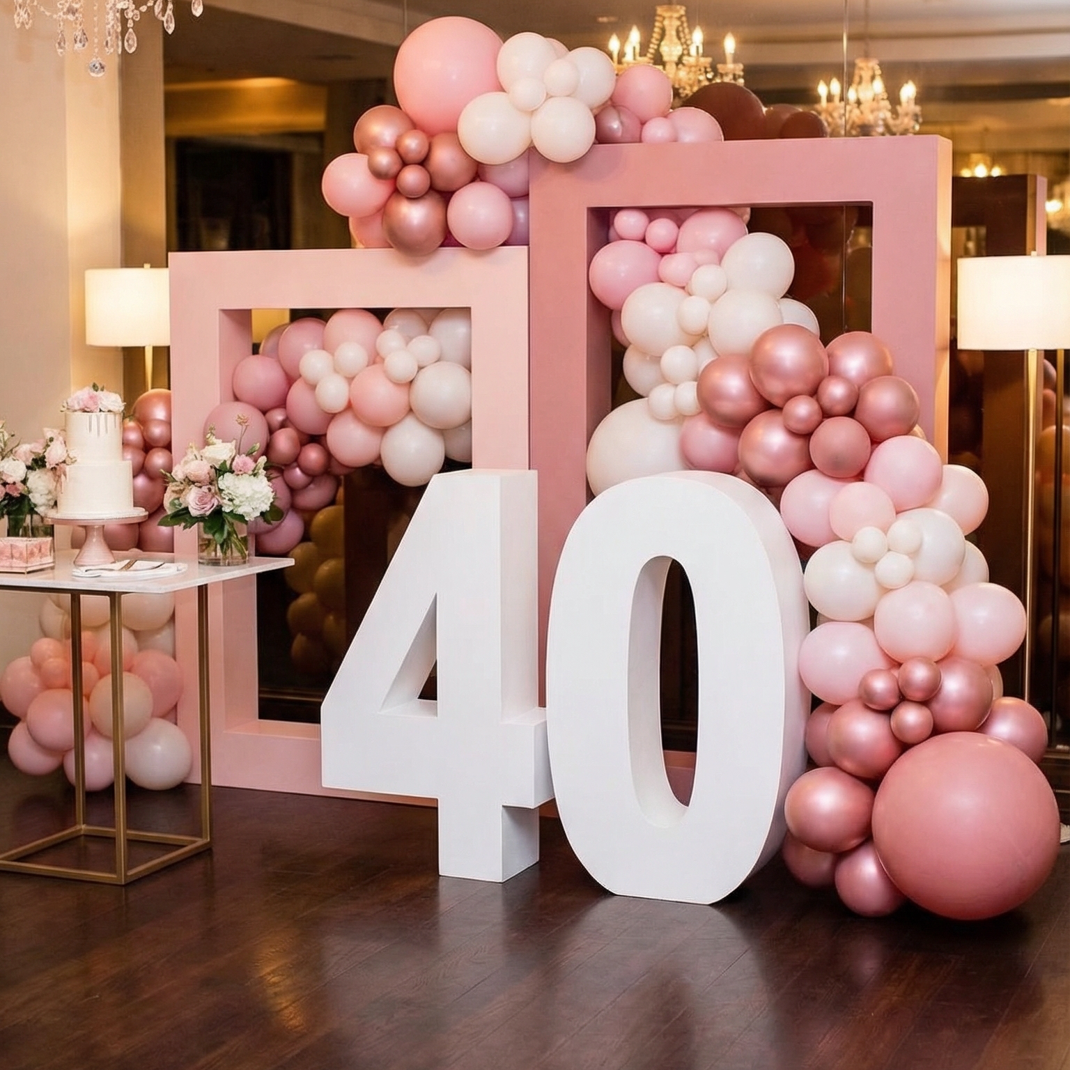 40th birthday marquee numbers in Baltimore. Decorative setup with large white number 40 and pink, white, and metallic balloons arranged around.