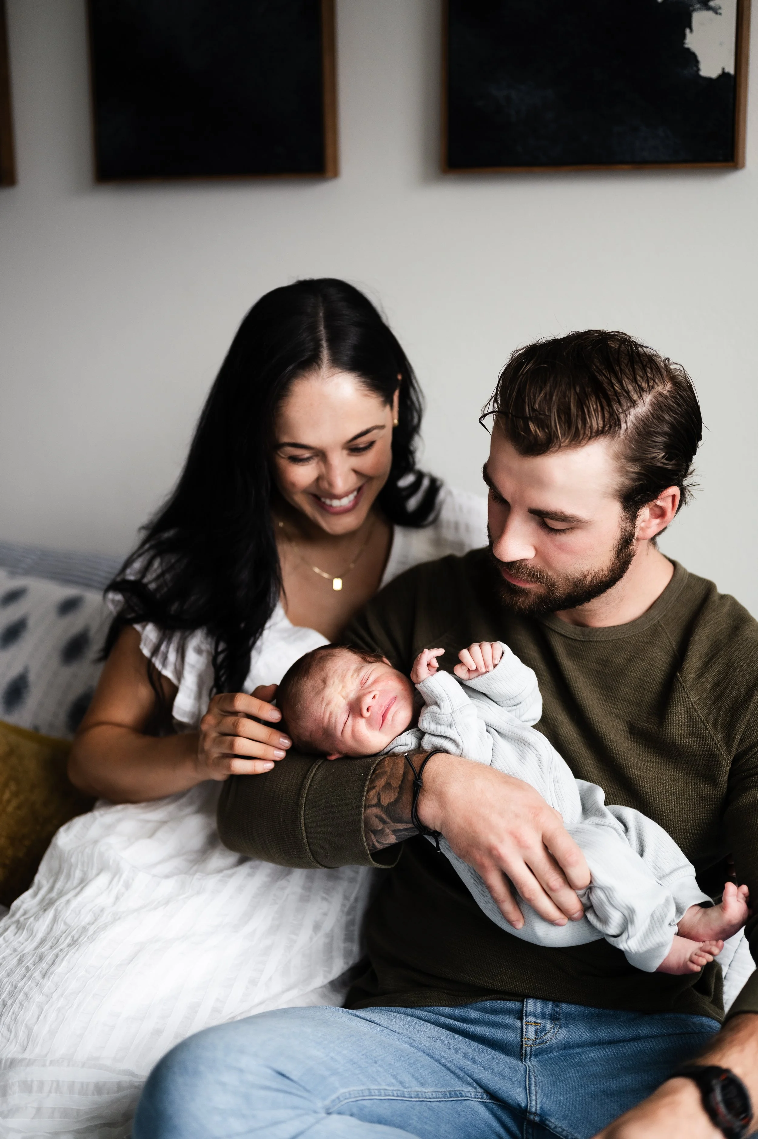 happy couple with newborn baby at home, clarksville tennessee, affordable, nashville, newborn photos, photographer
