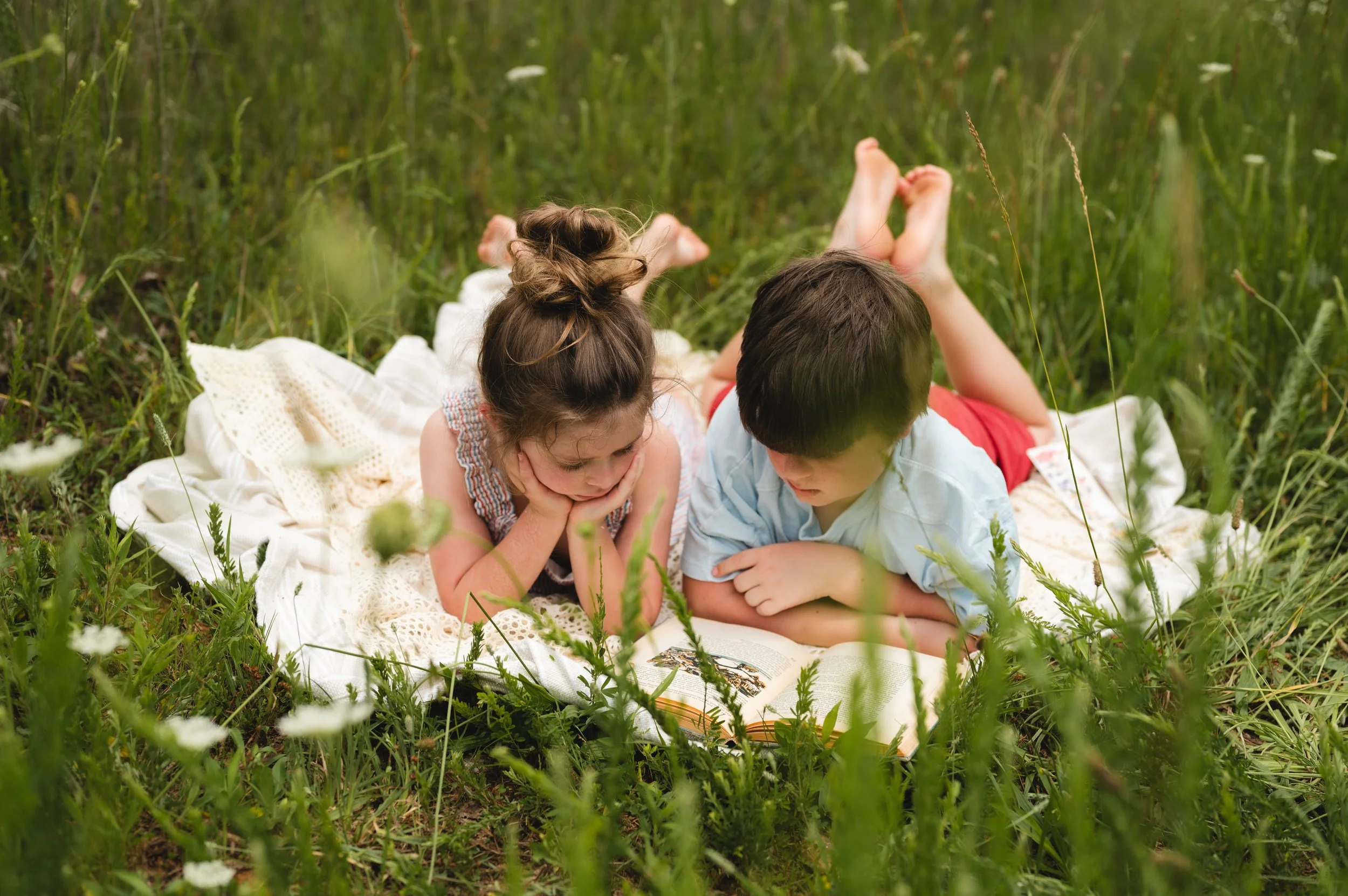 children on blanket reading in field, family photos, photographer, nashville, clarksville tennessee