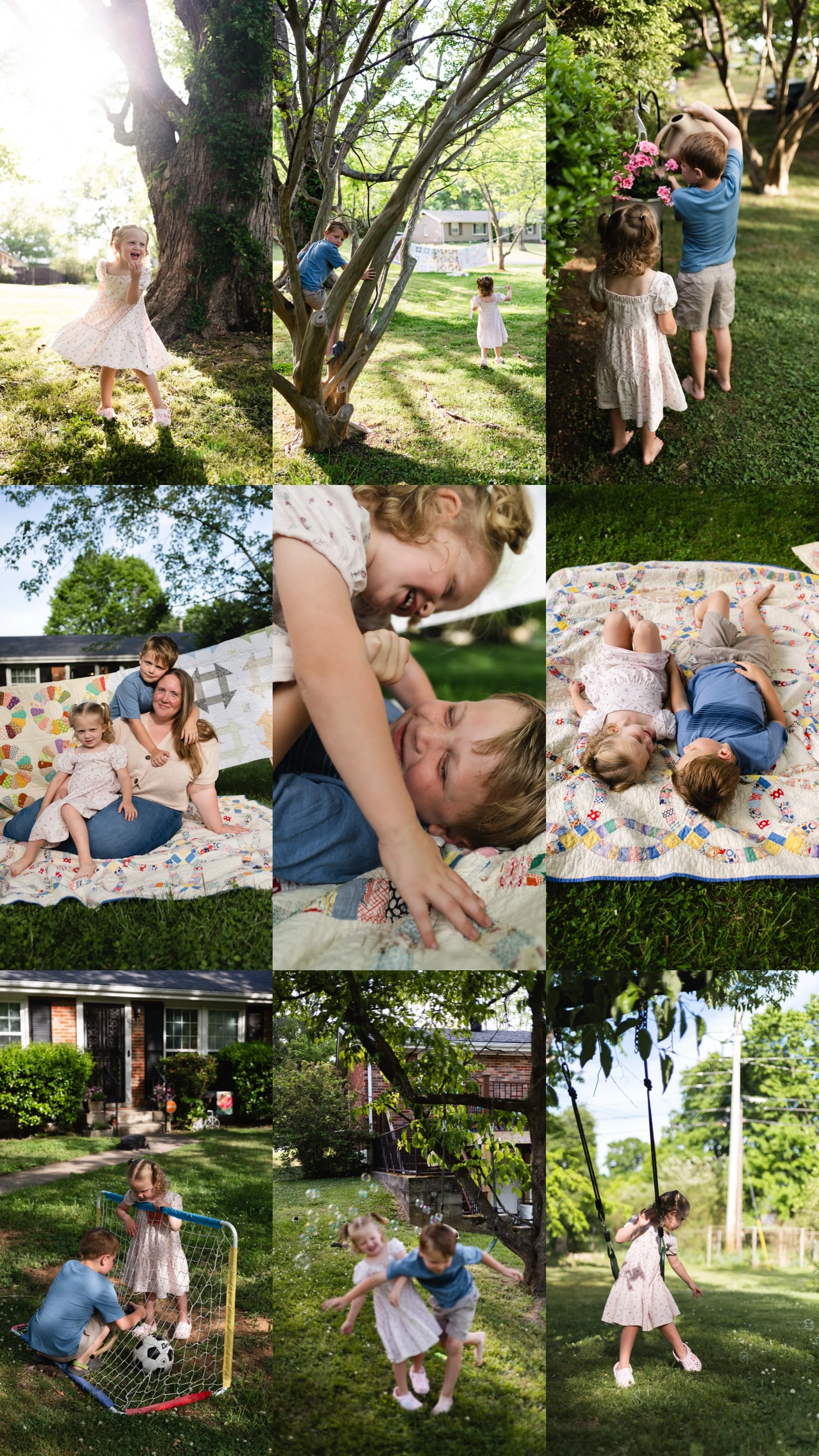 children playing outside in yard chasing bubbles, climbing trees, swinging, and laying on colorful quilts.