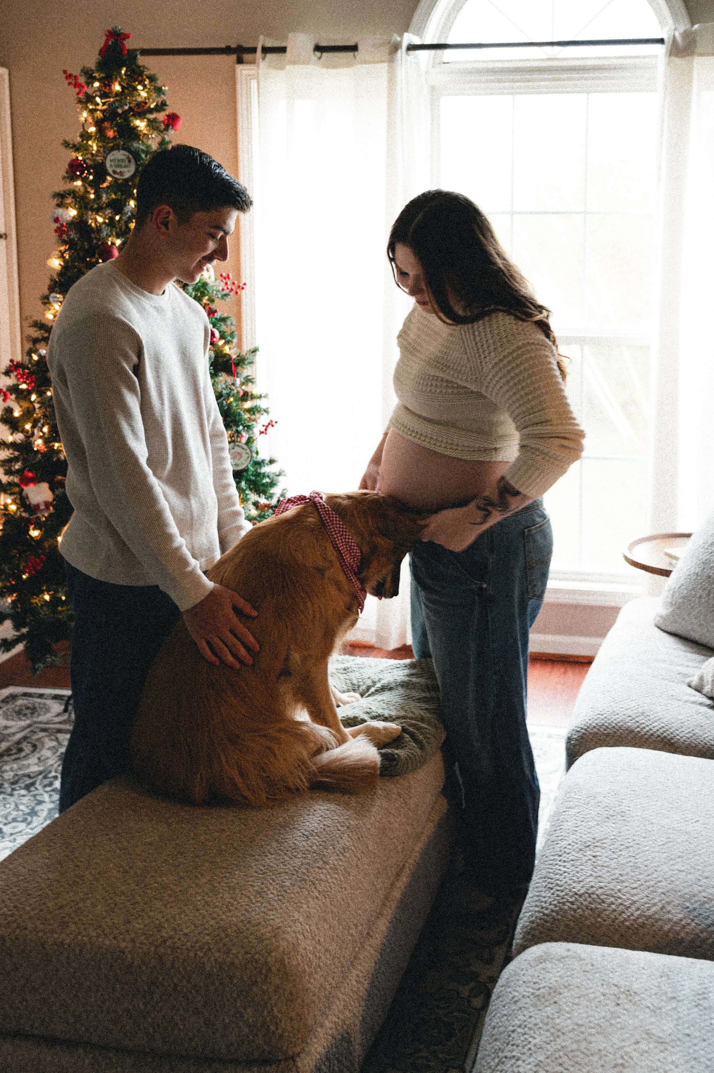 pregnant woman stands in home at christmas with husband and family dog, clarksville tn, nashville tn, photographer, maternity, affordable