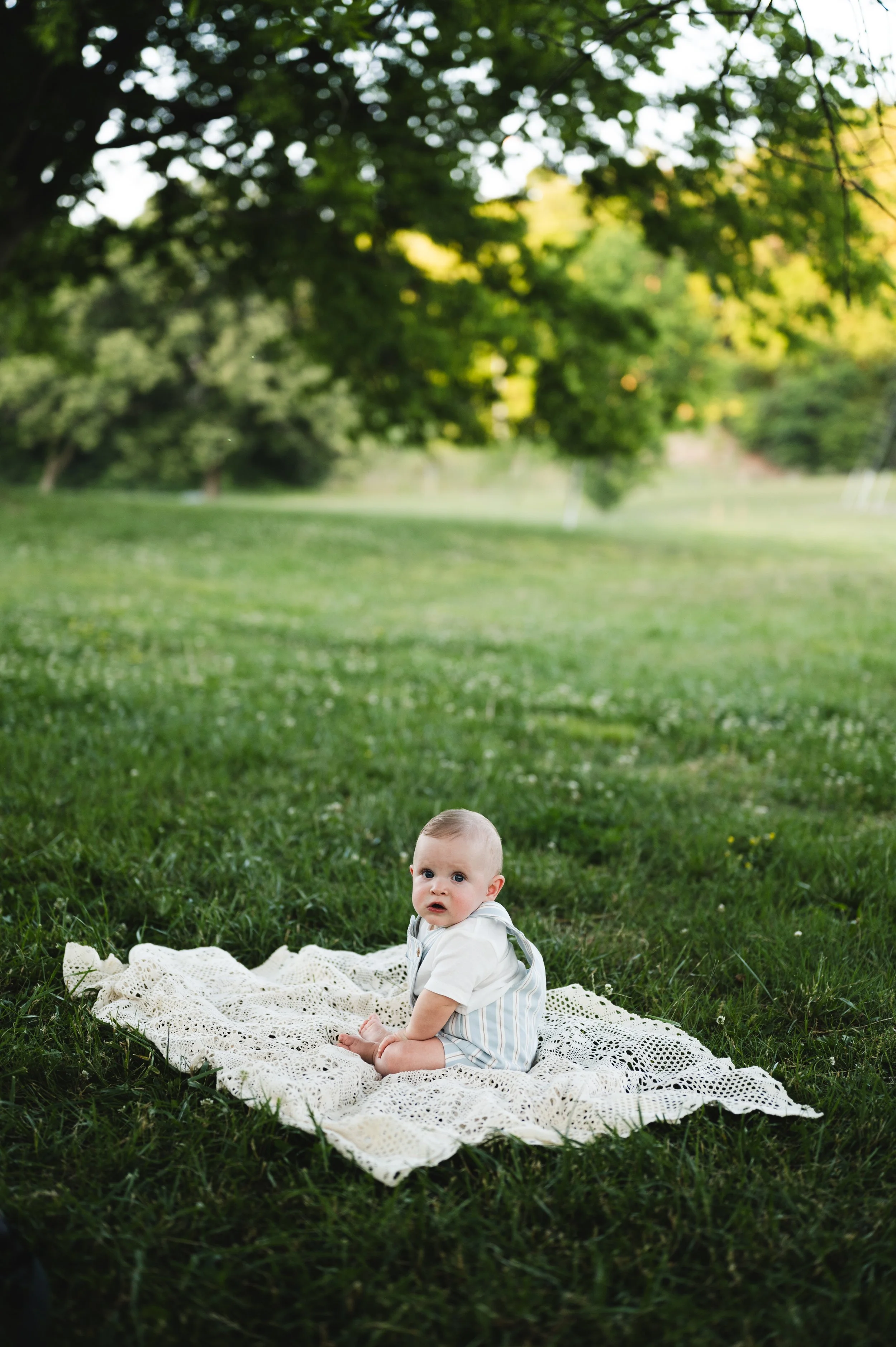 baby on blanket in open field with trees, clarksville and nashville tennessee, photographer, family photos