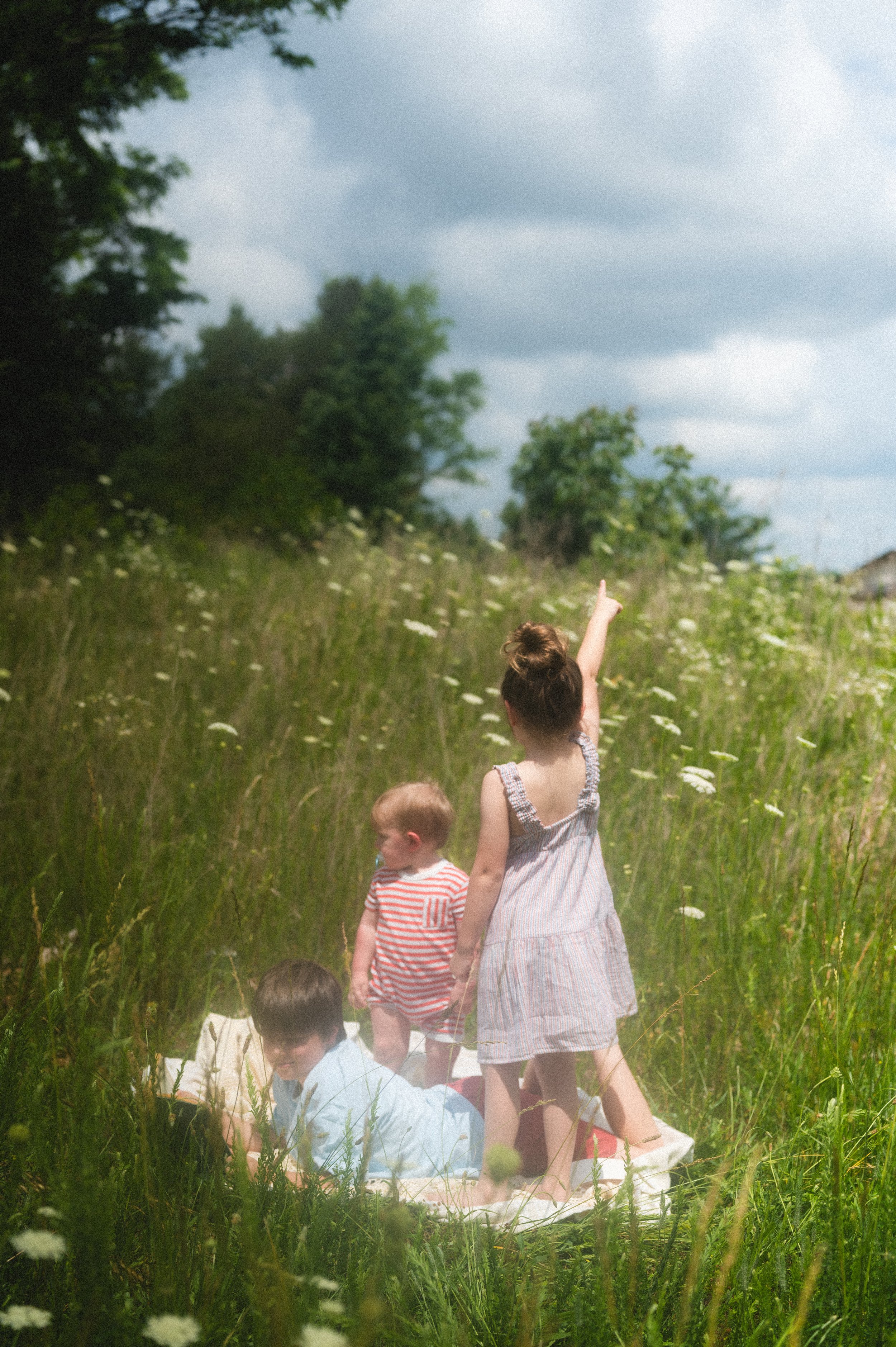 children playing in flower field with clouds, affordable, family photographer, whimsical, clarksville tennessee
