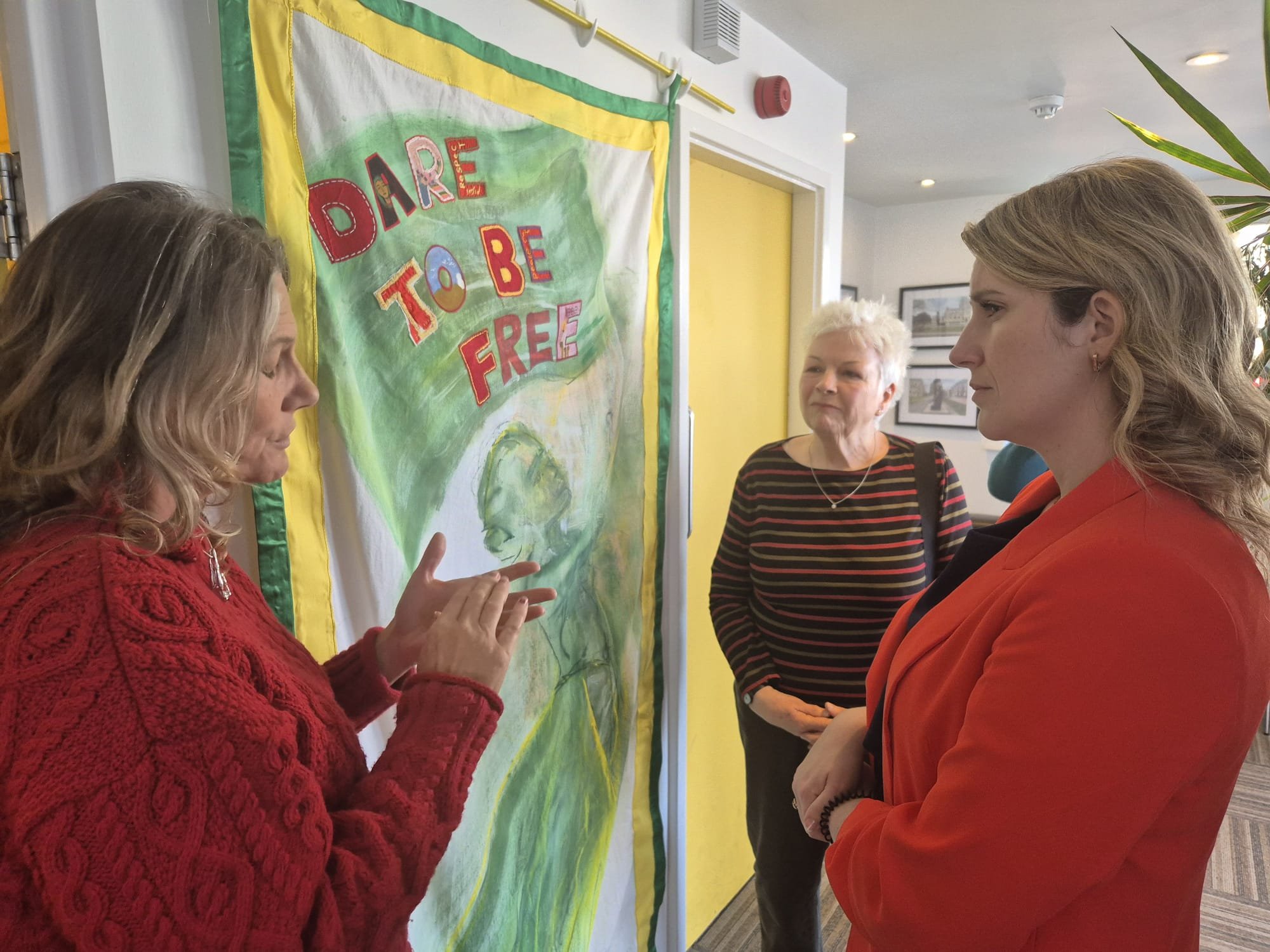 Jess Brown Fuller at Madge Turner exhibition with our chair Francesca Tmbling and Artist Kate Viner