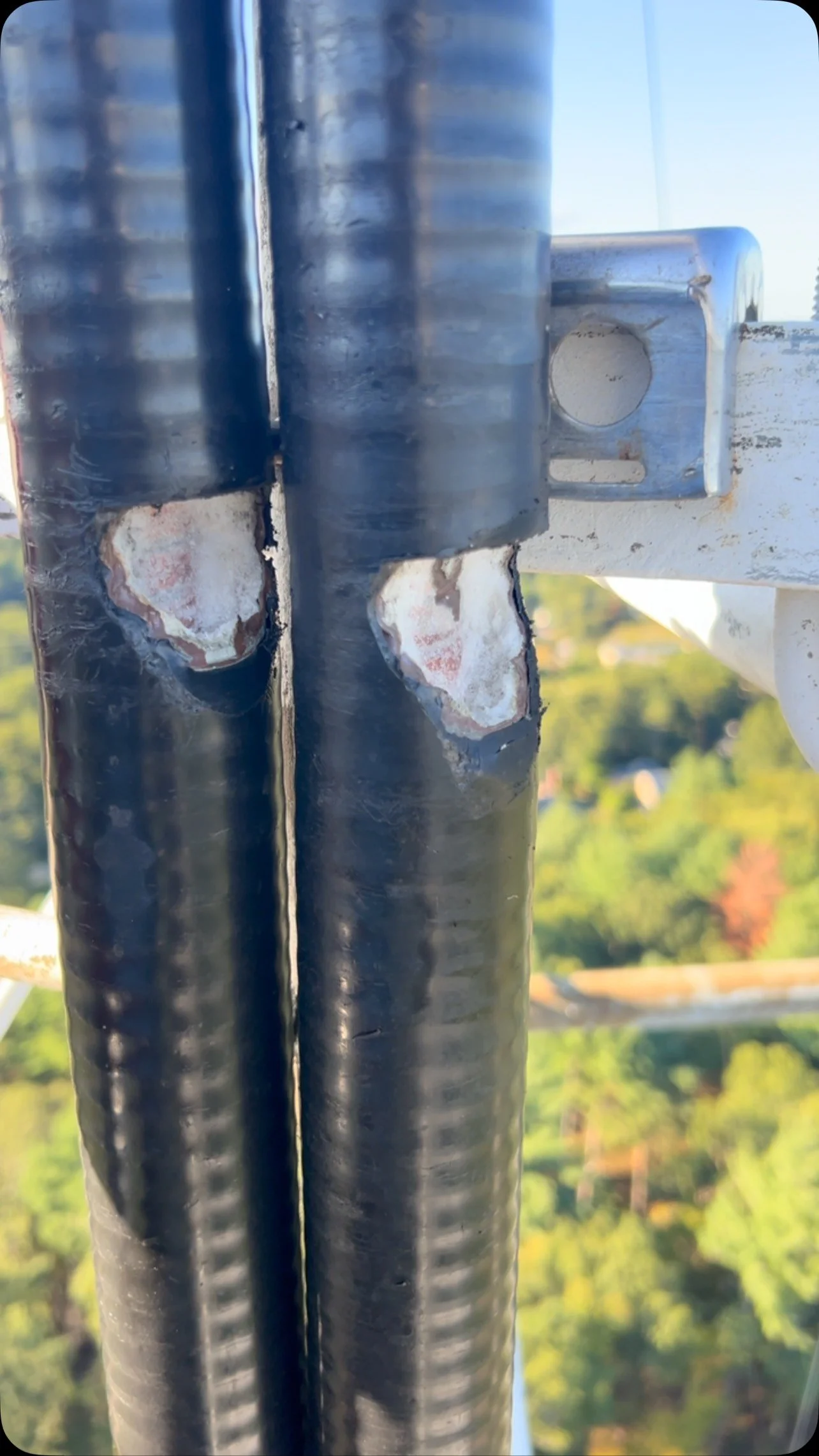 ⚠️ This is what happens when coax isn’t properly secured to the tower.
Looks like someone took a bite out of this 1-5/8” Heliax. Both runs were 350’ long — and now both are ruined. Prevention saves a lot more than repair. 📉🔧