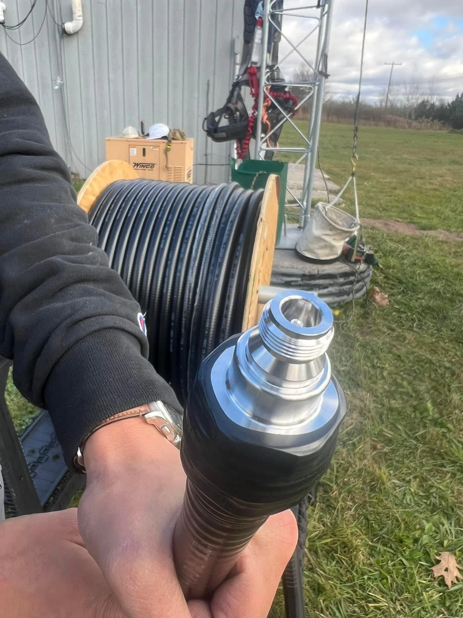 Terminated 7/8 inch hardline connector — coaxial feedline termination and RF connector work, tower and antenna contractor