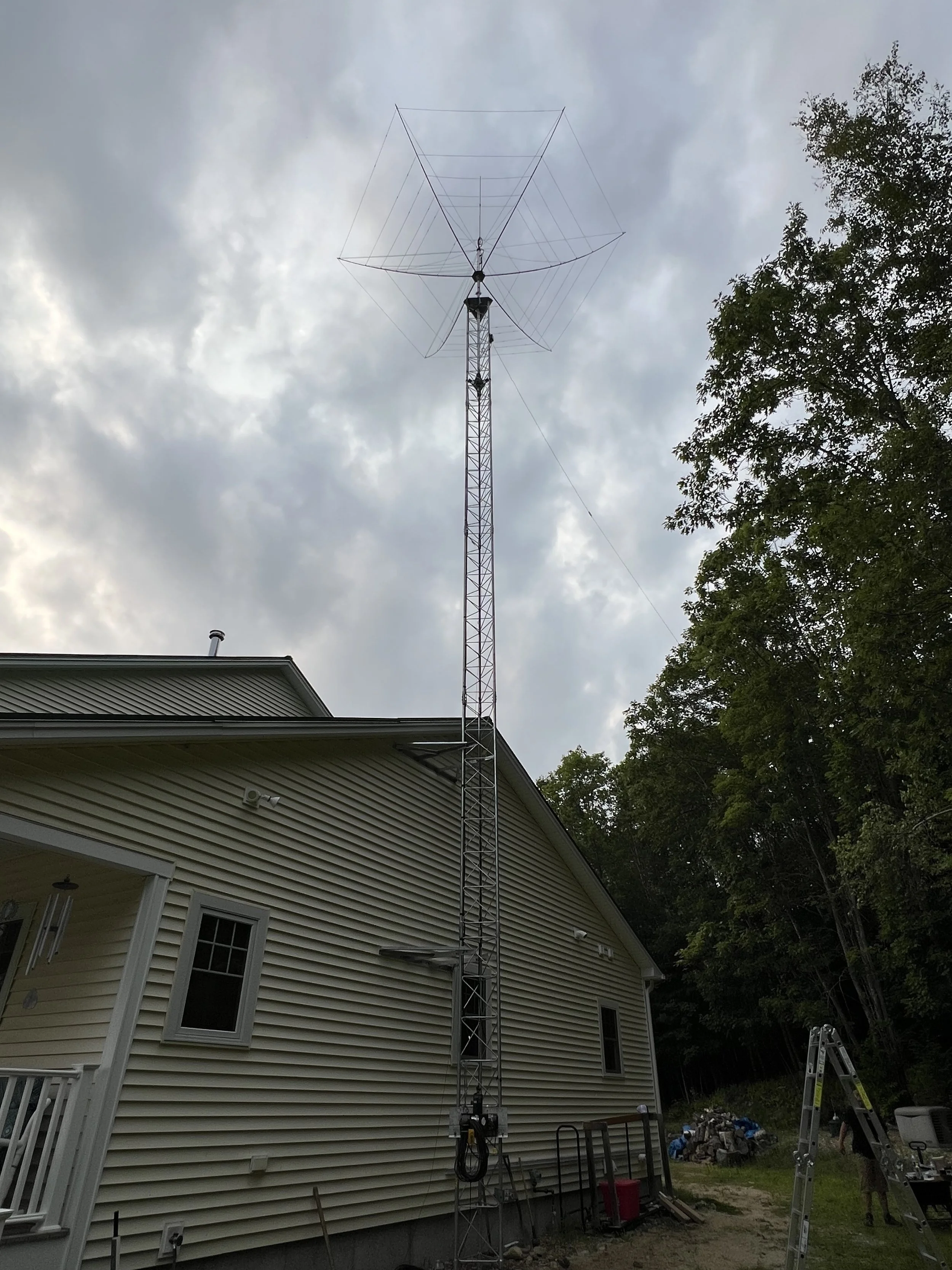 Rohn 55G 50 foot house bracketed ham radio tower installation — VHF hex beam and rotator system, Moultonborough NH
