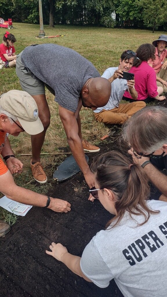 Mark and other people planting a tree in a park during daytime. Some are kneeling on the ground, and Mark is bending over helping.