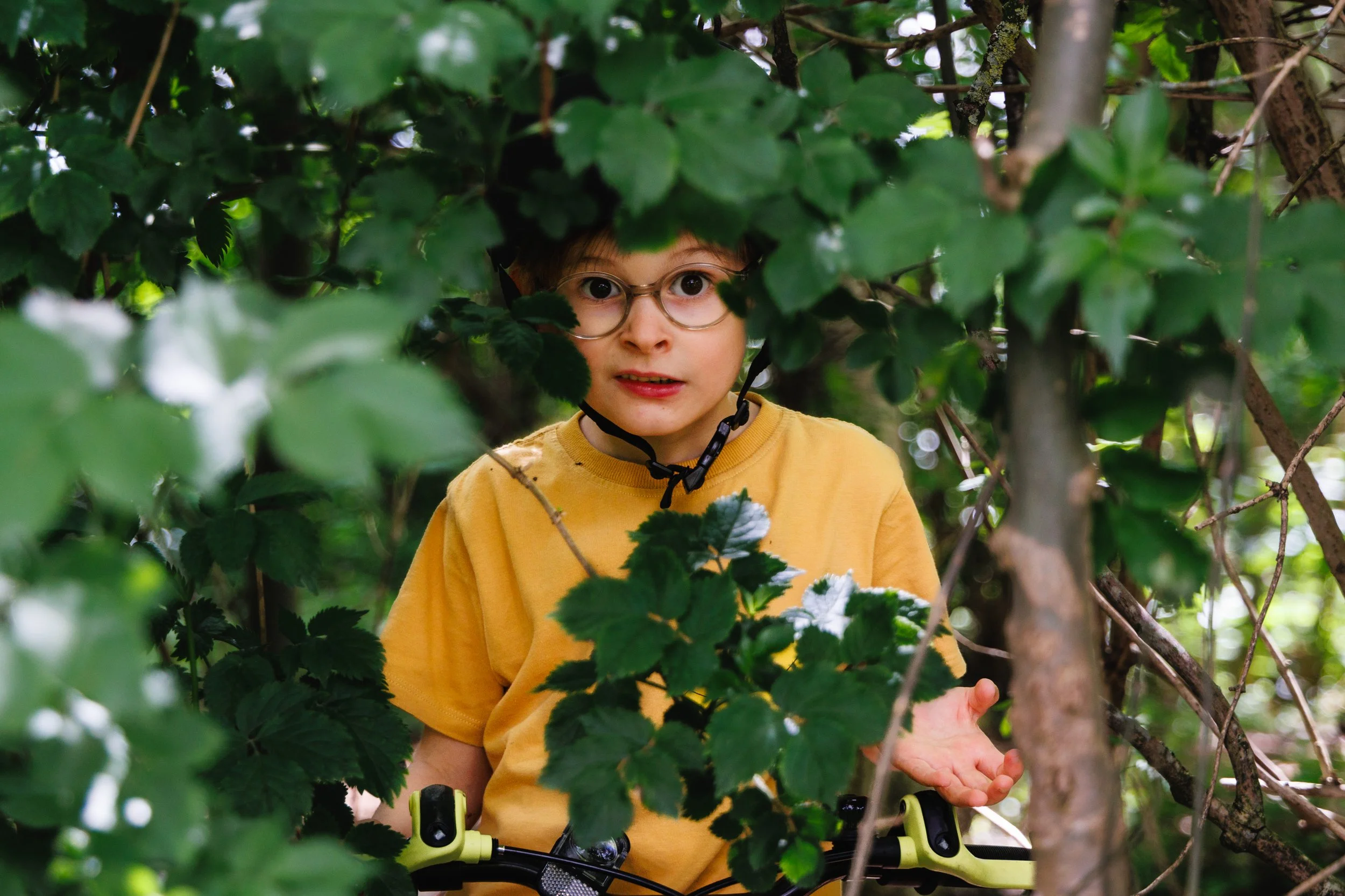 A candid and humorous photograph of a boy peeking from the bushes, looking disappointed after being found during a game of hide-and-seek.
