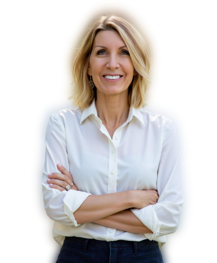 A smiling Carolyn Cooper with blonde hair wearing a white button-up shirt and dark pants, crossing her arms, outdoors with a blurred natural background.
