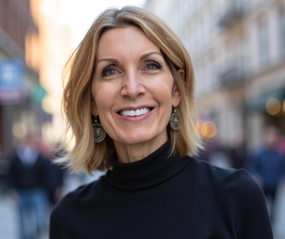 A smiling Carolyn Cooper with blonde hair and blue eyes, wearing a black turtleneck and ornate earrings, standing on a city street with blurred pedestrians and buildings in the background.