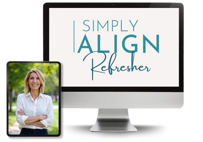 A computer screen displays the text 'Simply Align Refresher' in blue and black fonts. A smartphone shows a smiling woman with blonde hair, wearing a white shirt, standing outdoors with trees in the background.