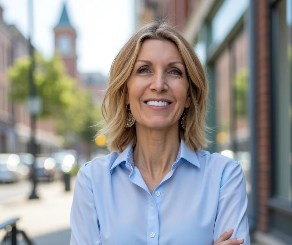 Carolyn Cooper with shoulder-length blonde hair, wearing a light blue button-up shirt and earrings, standing outdoors on a city street with blurred buildings, cars, and trees in the background.
