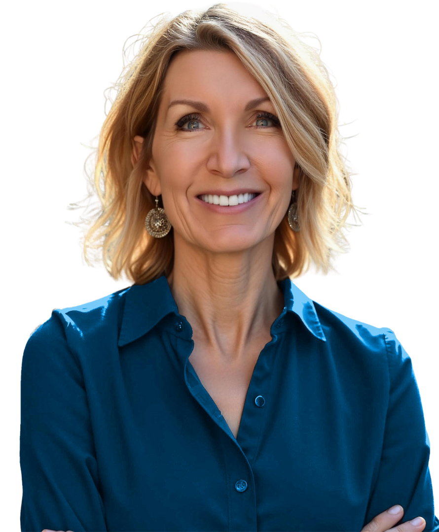 Carolyn Cooper with shoulder-length blonde hair, wearing a blue collared shirt and large circular earrings, smiling with arms crossed.