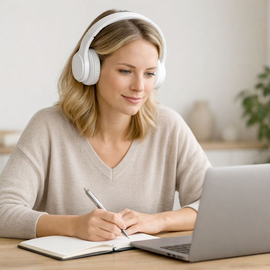 A woman with blonde hair wearing headphones, sitting at a desk, writing in a notebook with a pen, using a laptop, in a bright room with a plant and decorative items in the background.