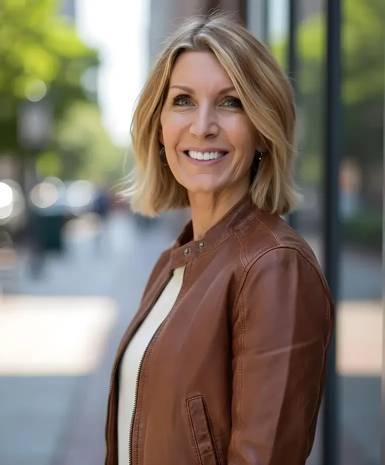 Carolyn Cooper with shoulder-length blonde hair, smiling and wearing a brown leather jacket, standing outside in a city setting with blurred buildings and trees in the background.