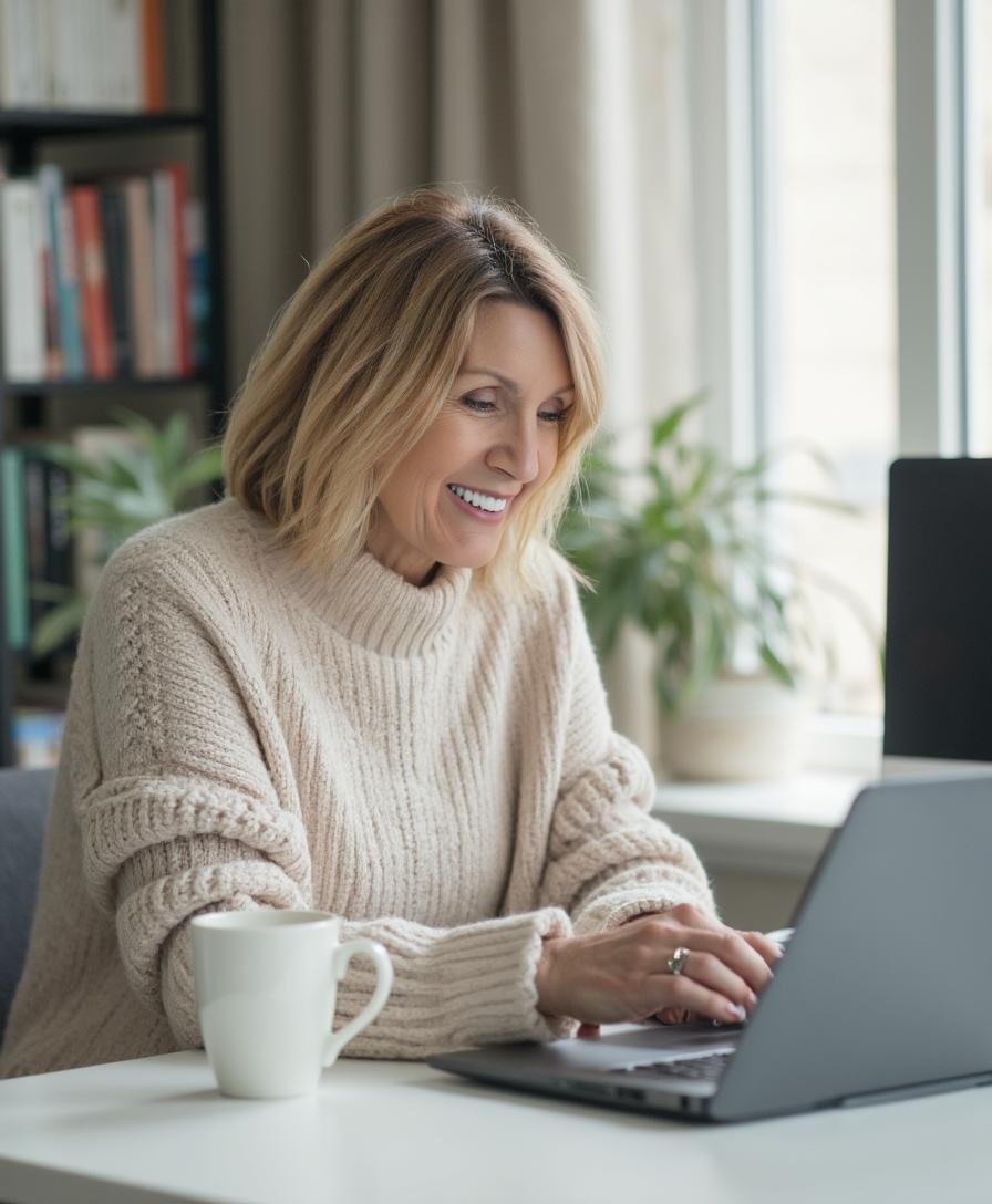 Carolyn Cooper in a cozy beige sweater smiling and working on a laptop at a desk with a white mug nearby, in a bright room with bookshelves and plants in the background.