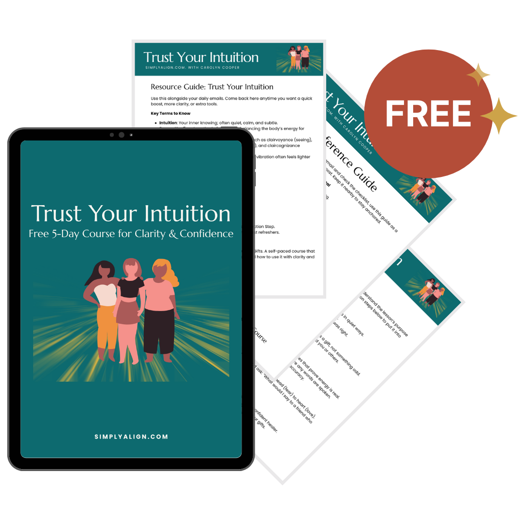 Image of a free 5-day course titled "Trust Your Intuition" featuring a smartphone screen displaying the course cover and overlayed PDFs with the same title. The cover shows three women standing together with a teal background and illustration, and a red circle with the word "FREE" in white and gold accents.