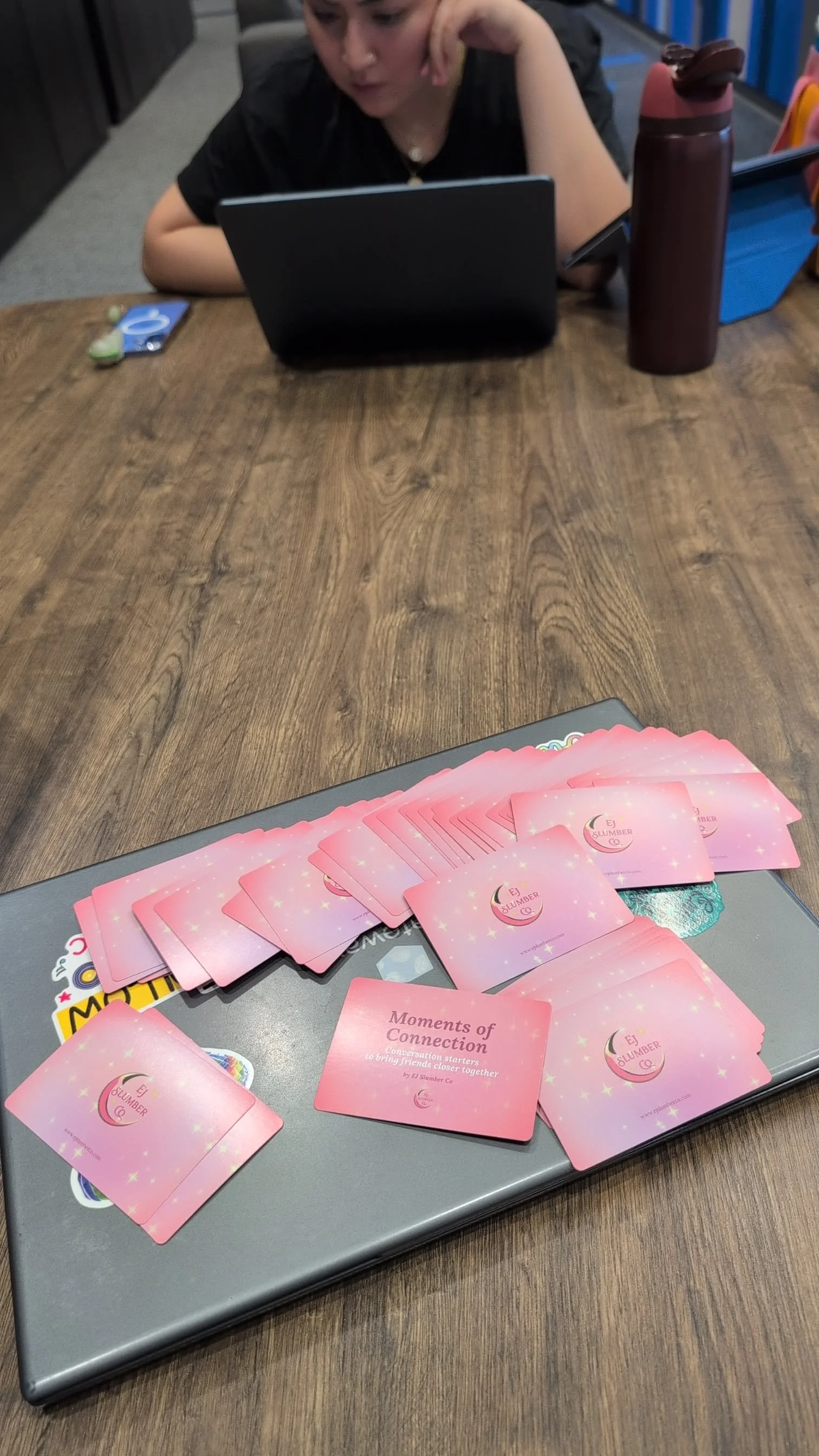 The card deck contains 54 question cards with conversation starters that go deeper than small-talk.