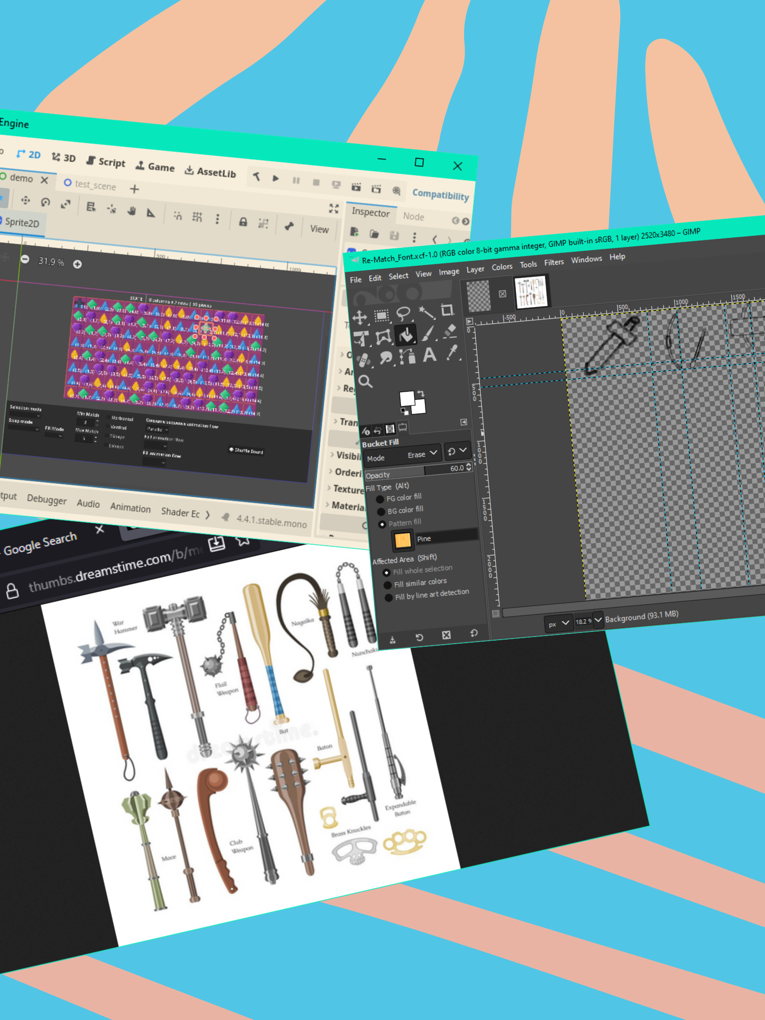A collage of digital art and image editing software interfaces featuring colorful pixel art, drawing tools, and a collection of various fantasy and medieval weapons including axes, hammers, and swords.
