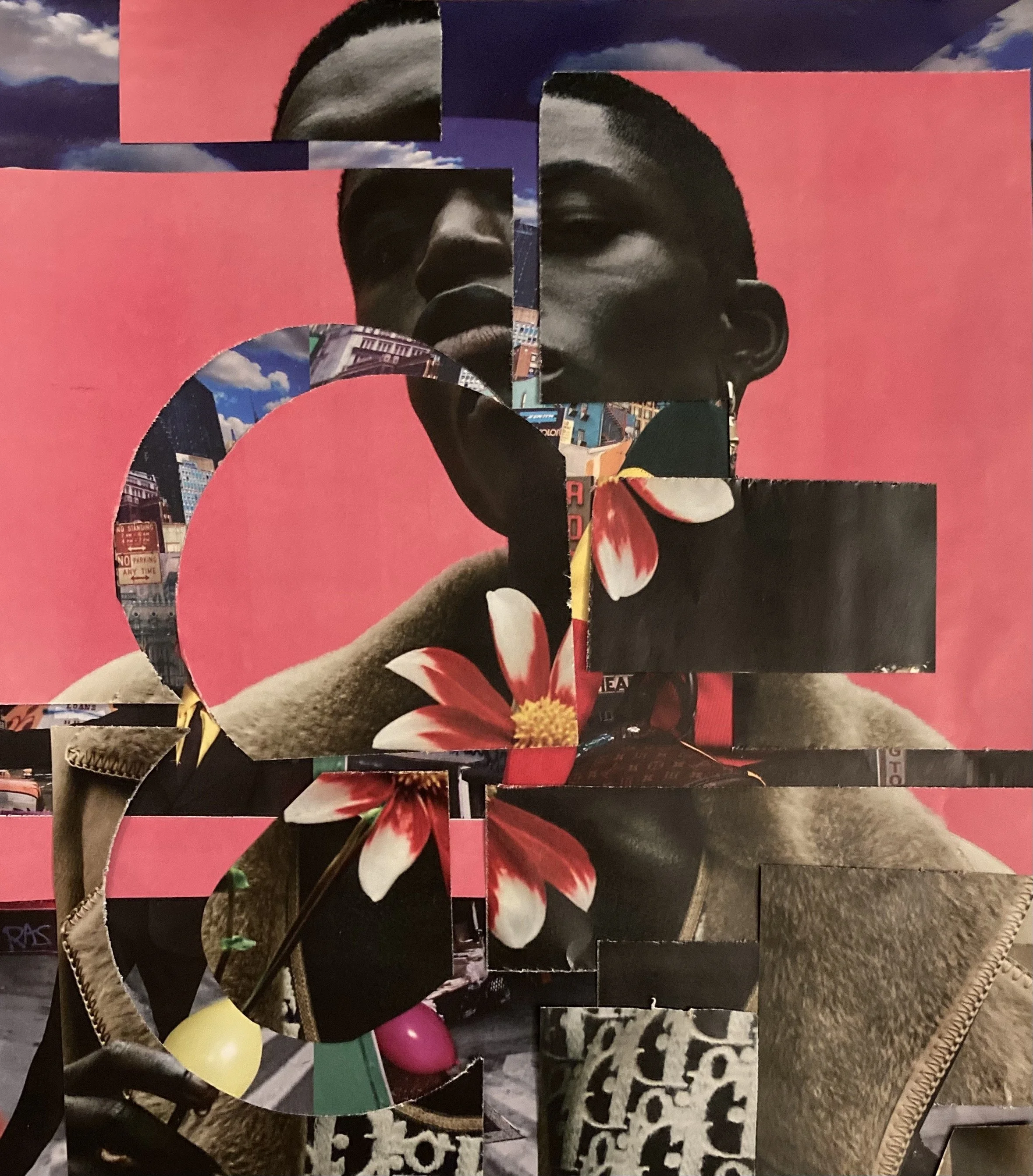 Collage of a photo of a person with short hair, holding flowers, overlaid with cityscape and street signs, on a pink background.