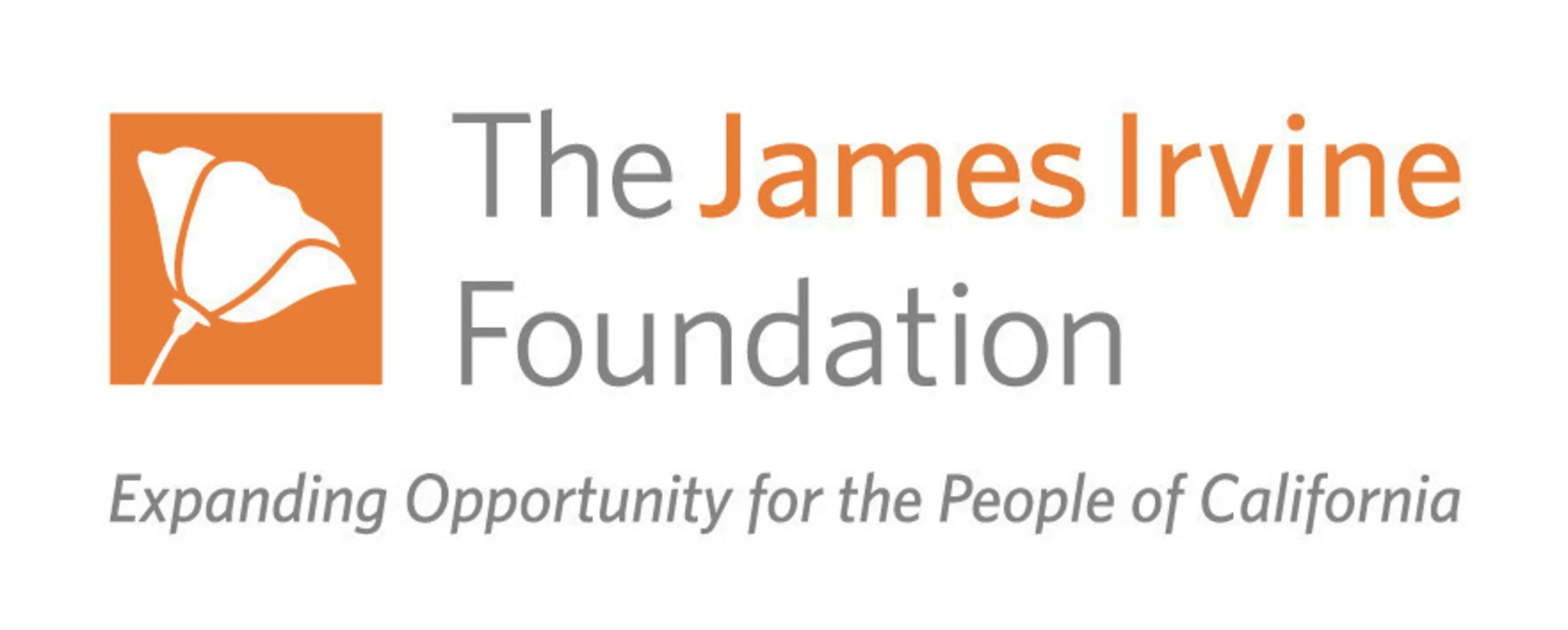 Logo of The James Irvine Foundation with an orange square containing a white poppy flower, and text indicating it supports expanding opportunity for the people of California.
