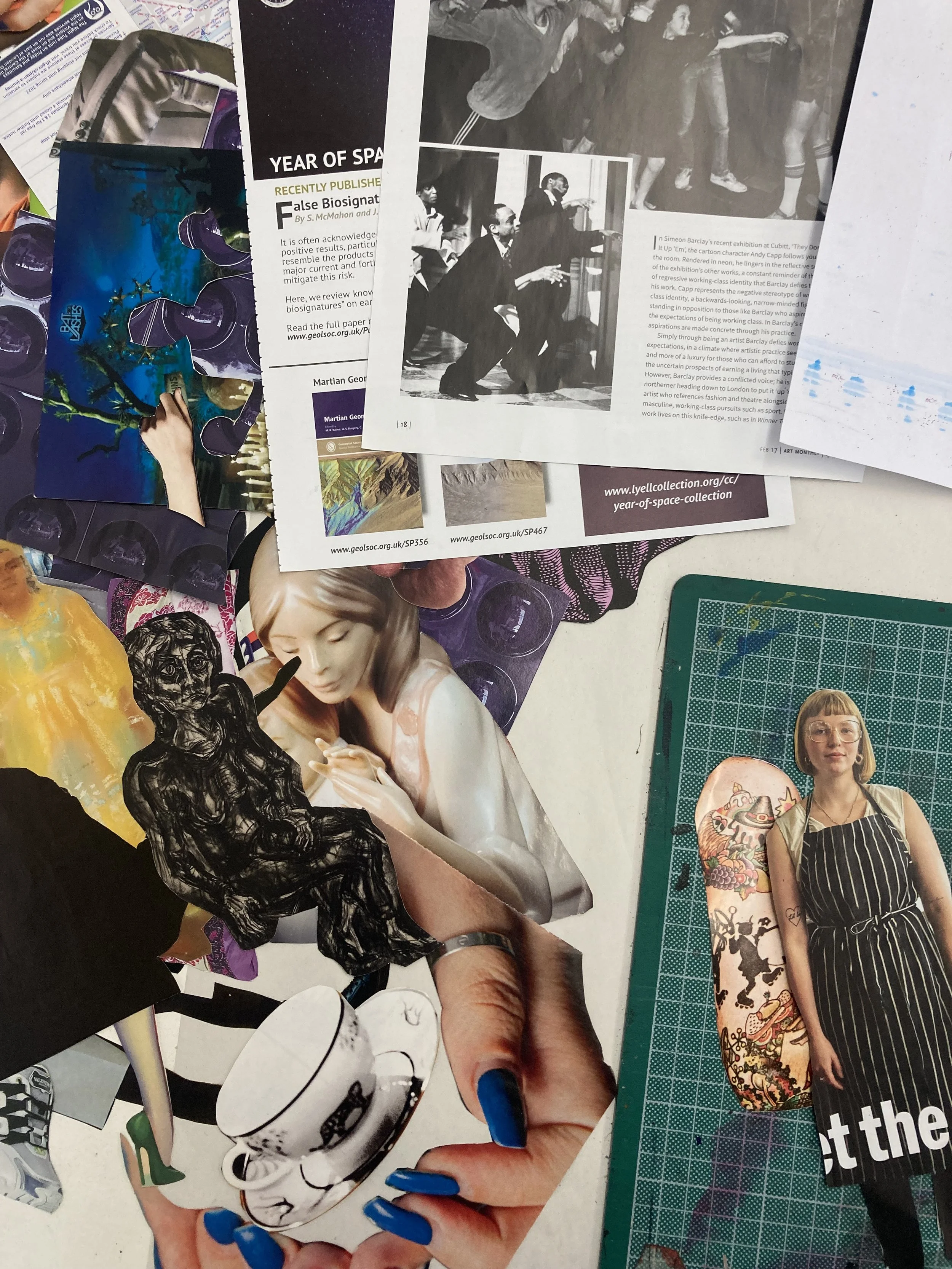 A collage of various cutout images and papers, including black-and-white photographs of people, a porcelain figurine of a woman, a tattooed arm, a teacup, a person with blue painted nails holding the teacup, colorful abstract images, and printed pages with text and URLs.