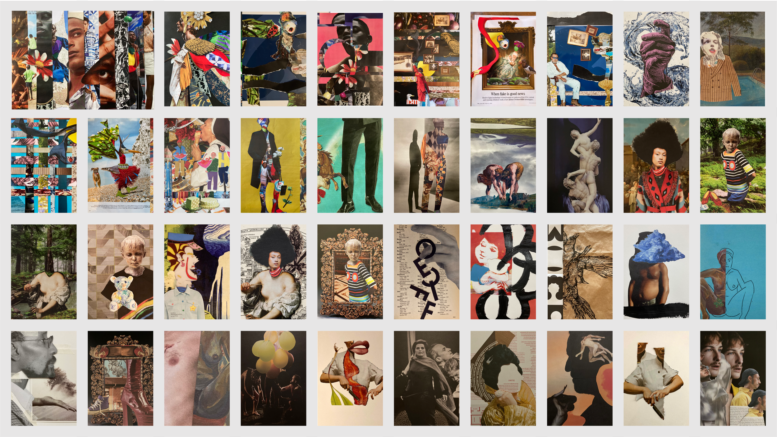 A collage of various abstract and surreal digital artworks featuring human figures, animals, nature, and patterned designs.