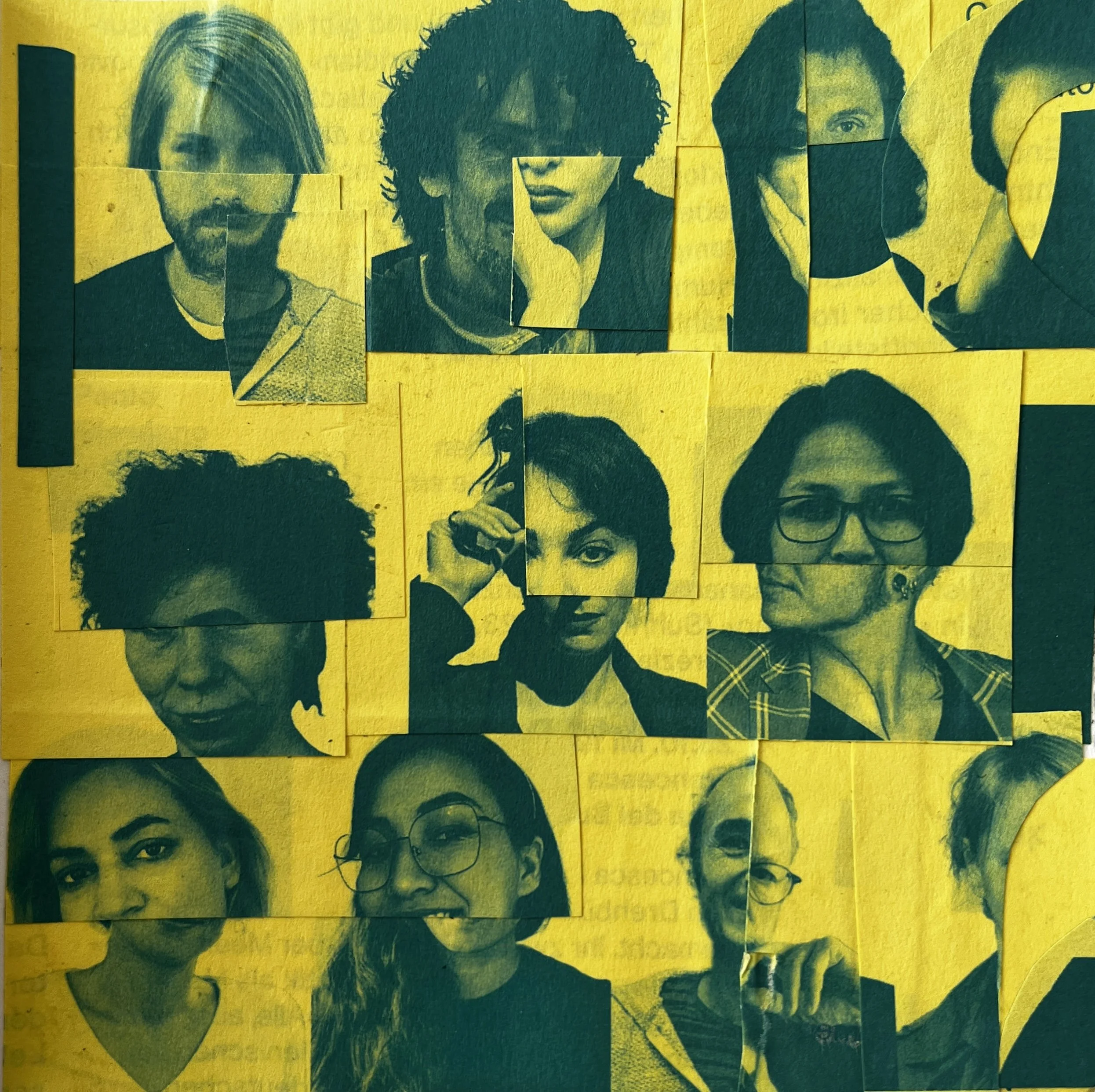 Collage of black-and-white photographs of diverse people with different hairstyles and expressions, arranged on a yellow background.