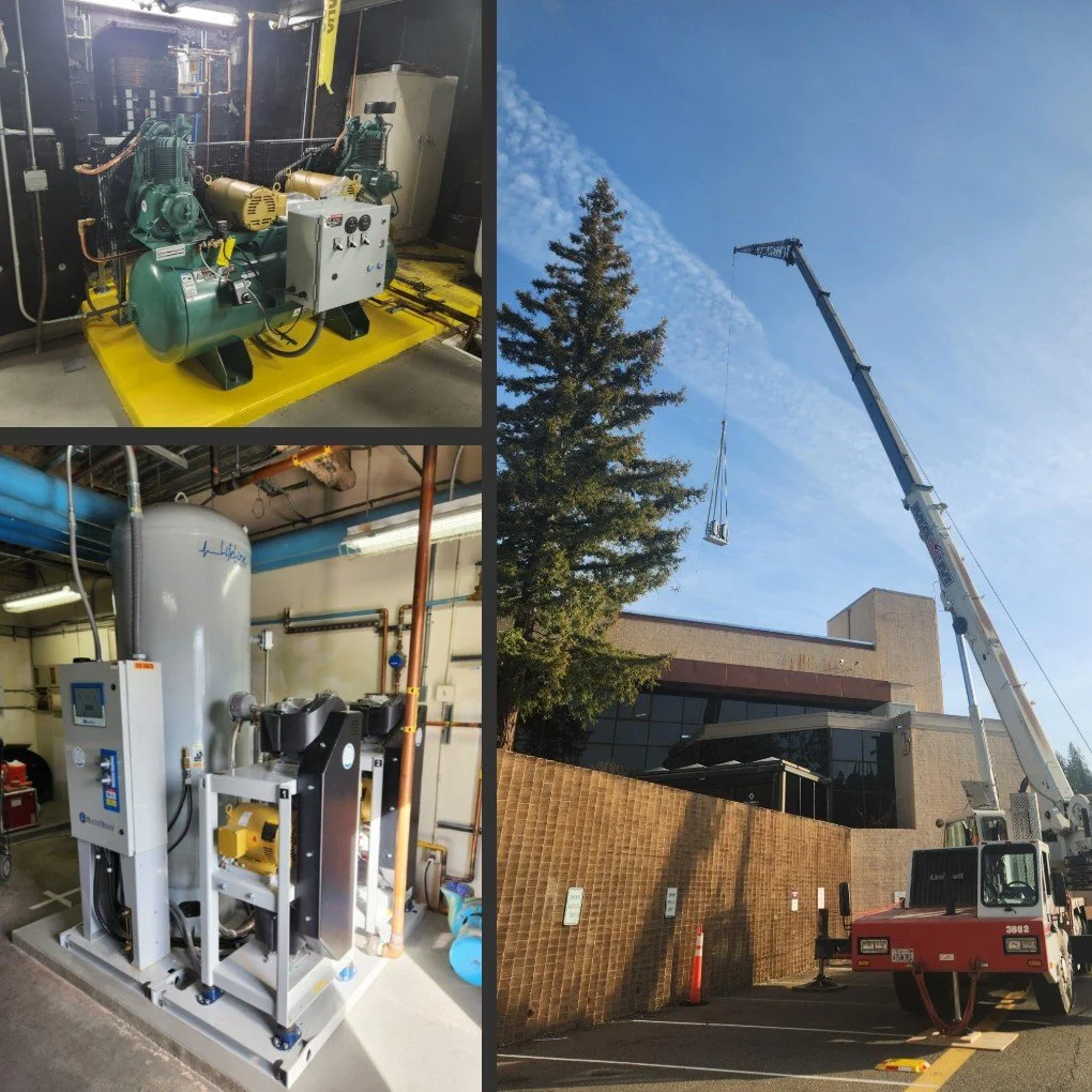 Aerial view of a construction crane lifting equipment over a building, with two separate photos showing industrial machinery and equipment inside a facility, including air compressors and a water treatment or filtration system.