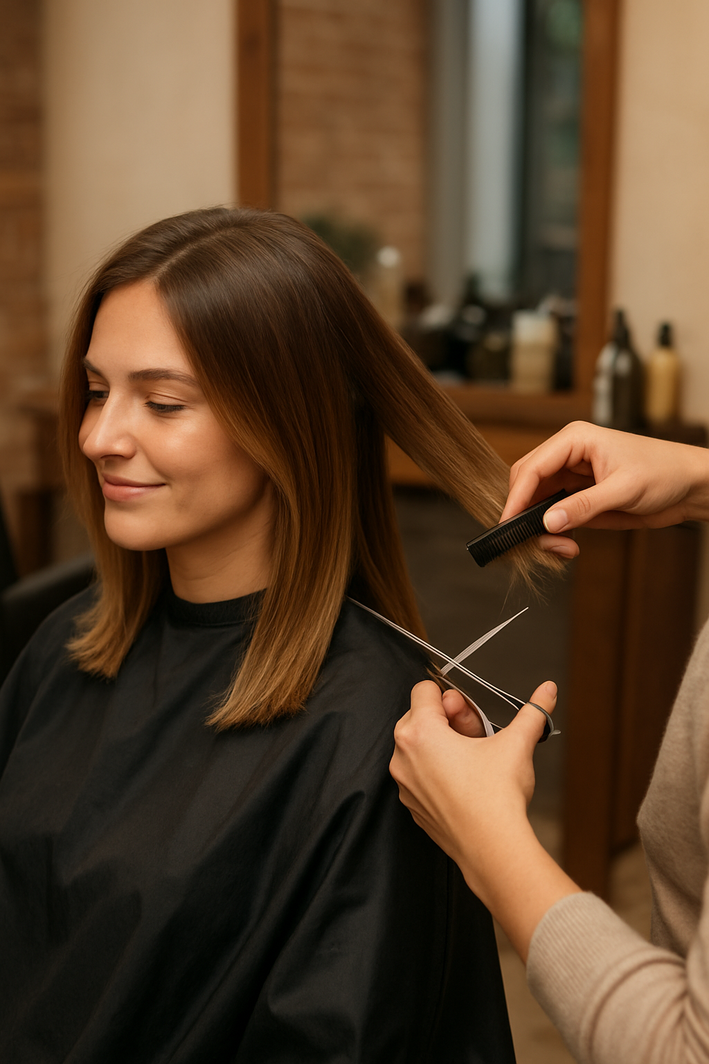 A woman getting her hair cut at a salon, with a hairstylist cutting her hair with scissors.